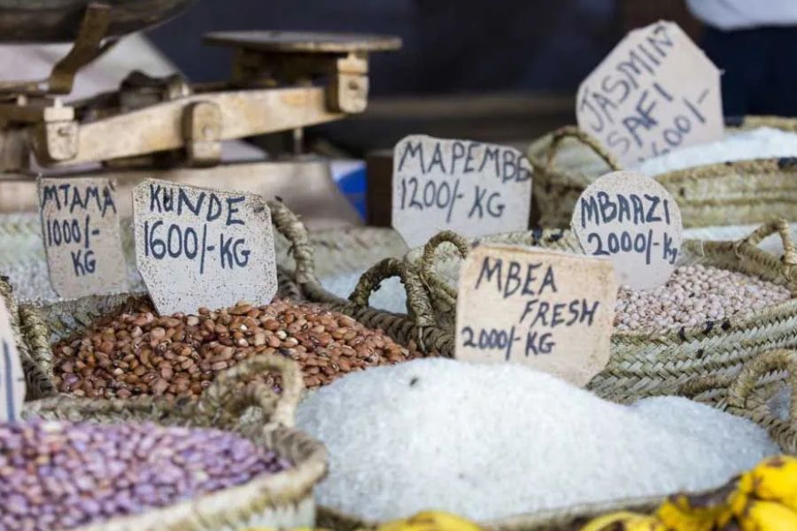 Traditional Zanzibar market with local grains, beans and fresh produce.