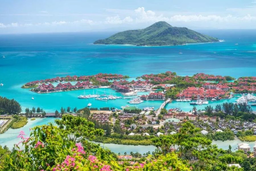 Panoramic view of Eden Island marina and turquoise waters in the Seychelles.