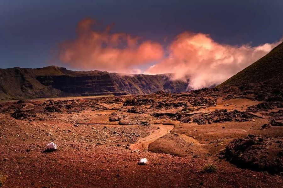 Dramatic volcanic landscape at Piton de la Fournaise on Réunion Island.