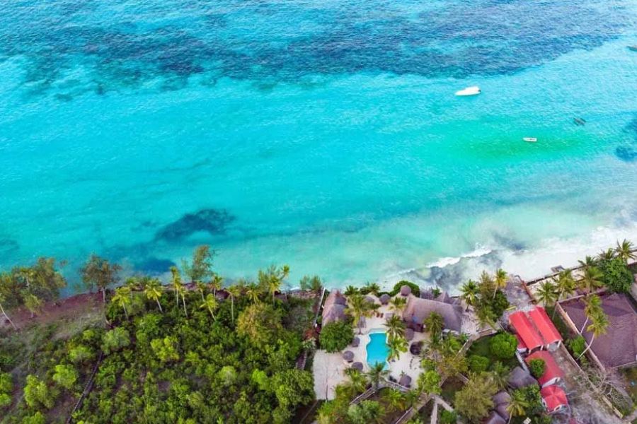 Aerial view of a tropical beachfront resort with a swimming pool and turquoise ocean