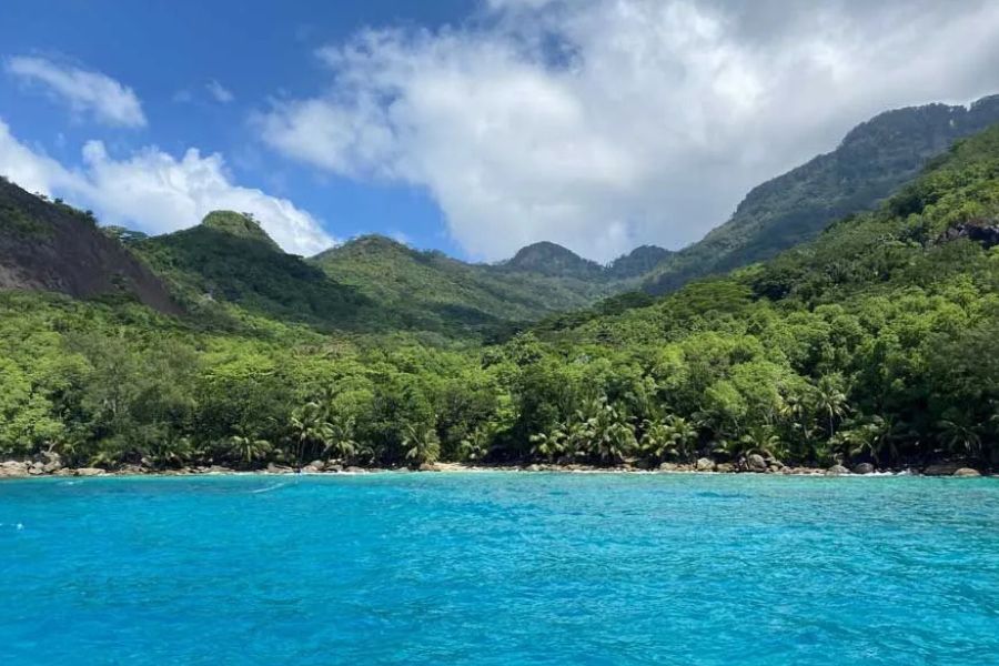 Turquoise ocean water facing a lush green mountain coastline under blue sky