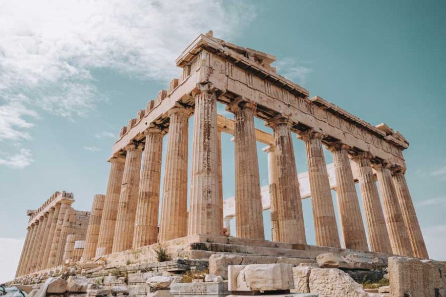 Ancient Doric columns of the Parthenon on the Acropolis in Athens, Greece