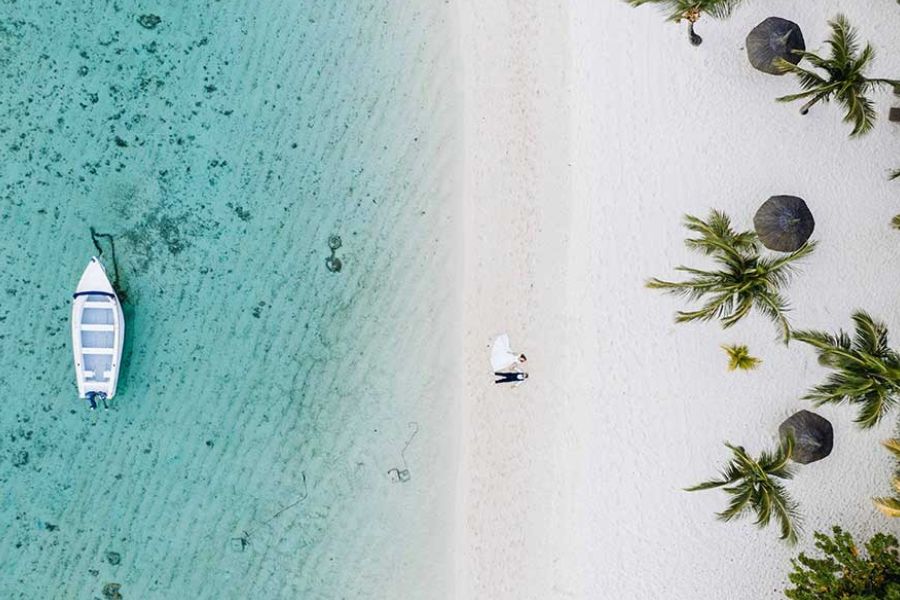 Aerial view of a Mauritius beach with palm trees