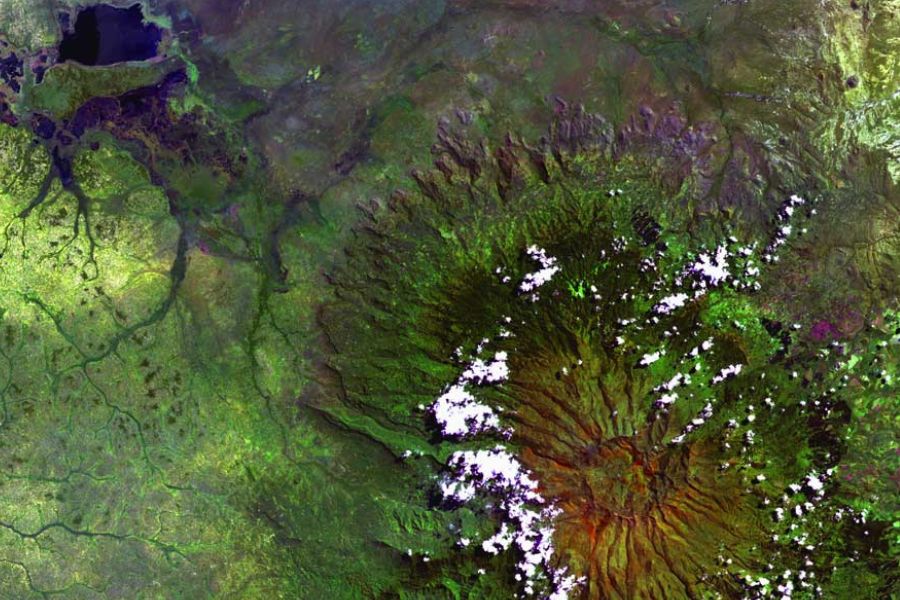Satellite view of Mount Kenya and its surrounding highland landscape.