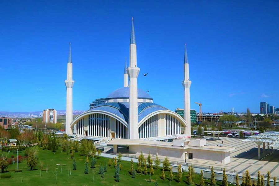 A large modern mosque in Ankara, likely Kocatepe Mosque