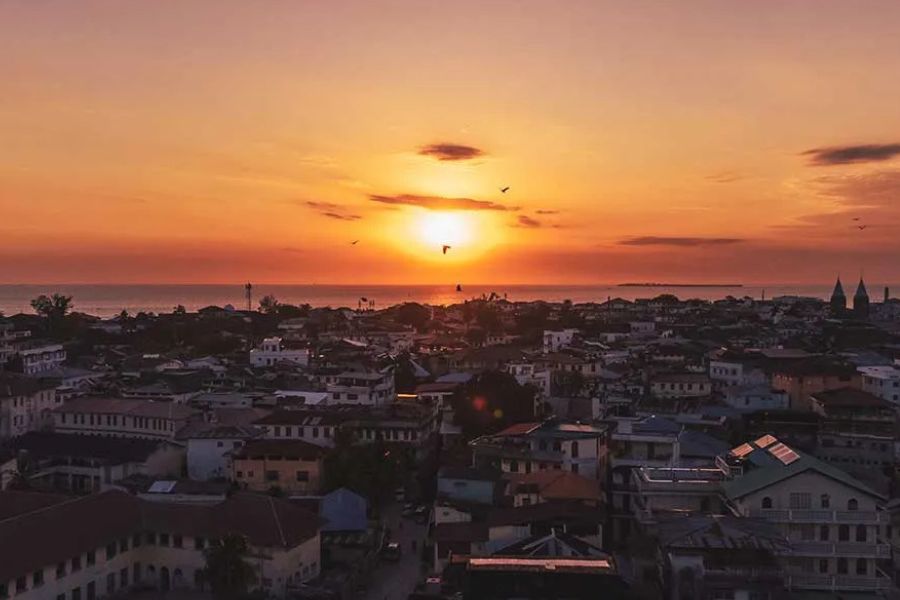Aerial view of Stone Town's rooftops at sunset