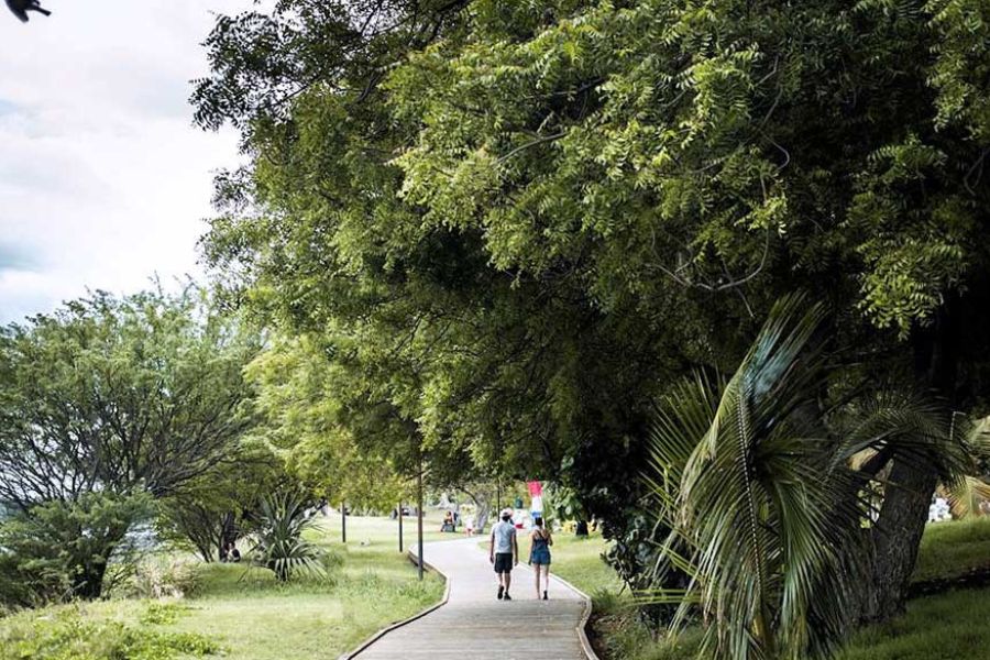 Shaded seafront promenade in Saint-Paul, Réunion Island