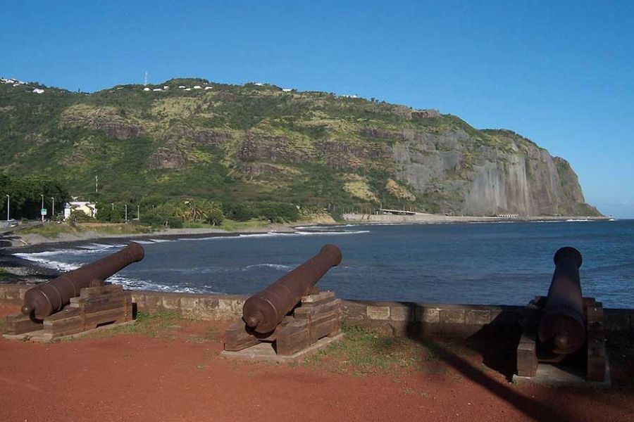 Historic cannons overlooking the coast at Barachois, Saint-Denis