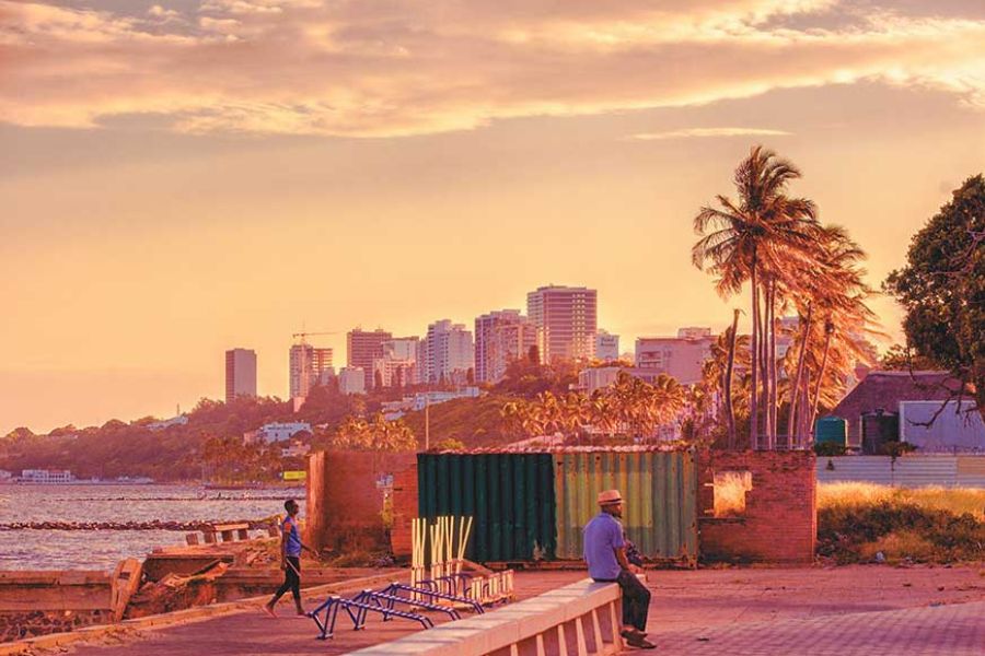 Street scene at sunset in Maputo, Mozambique