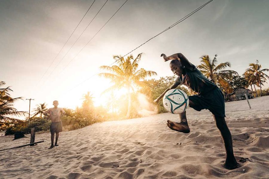 Beach football at sunset in Maputo, Mozambique