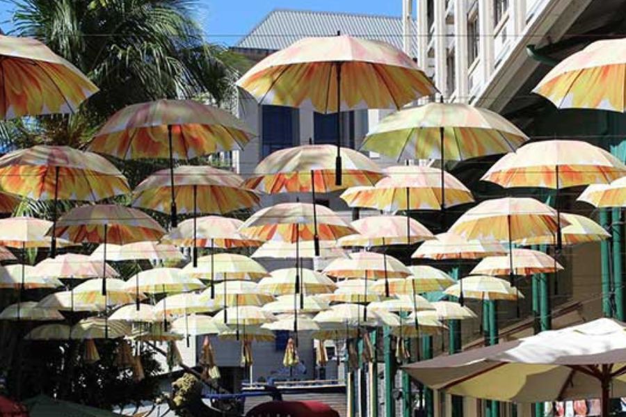 Colourful umbrella installation near Caudan Waterfront, Port Louis