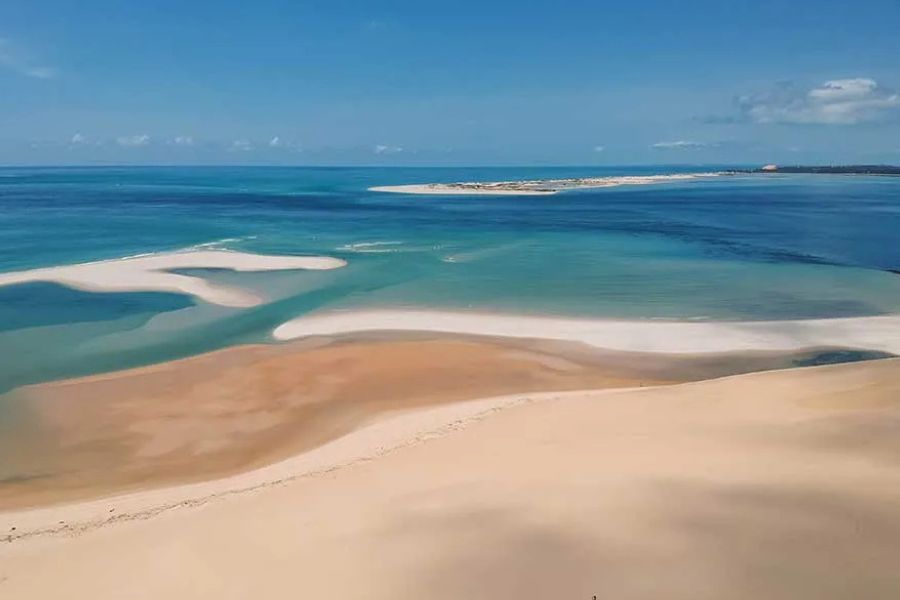 Palm-lined beach and dhow boats on the Mozambique coast
