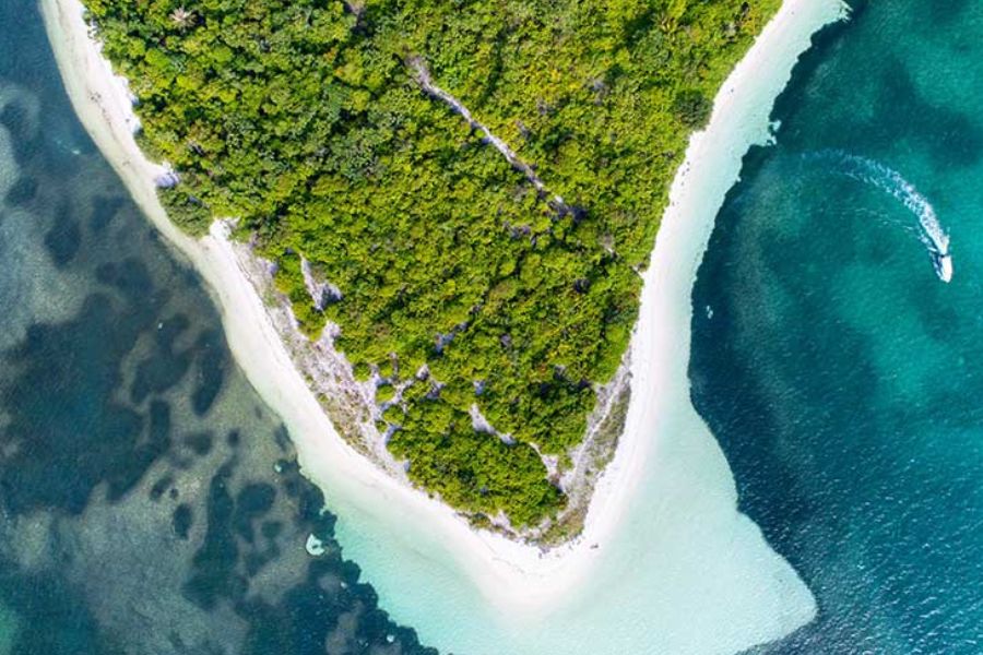 Aerial view of a Maldives atoll and its surrounding reef