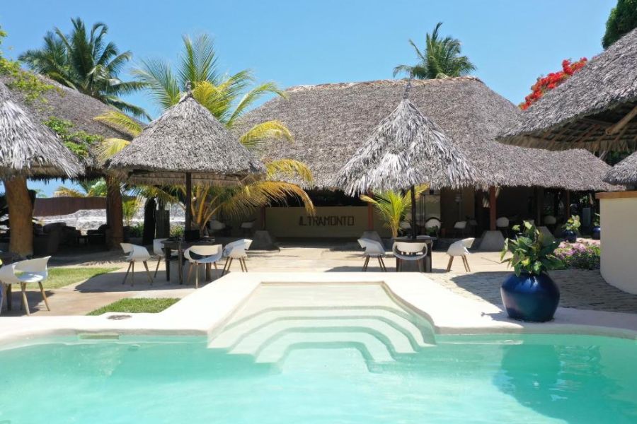 Beach and tropical gardens at Nosy Be Hotel & Spa, Dzamandzar, Madagascar.