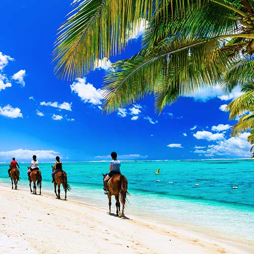 Horse riders on a tropical beach
