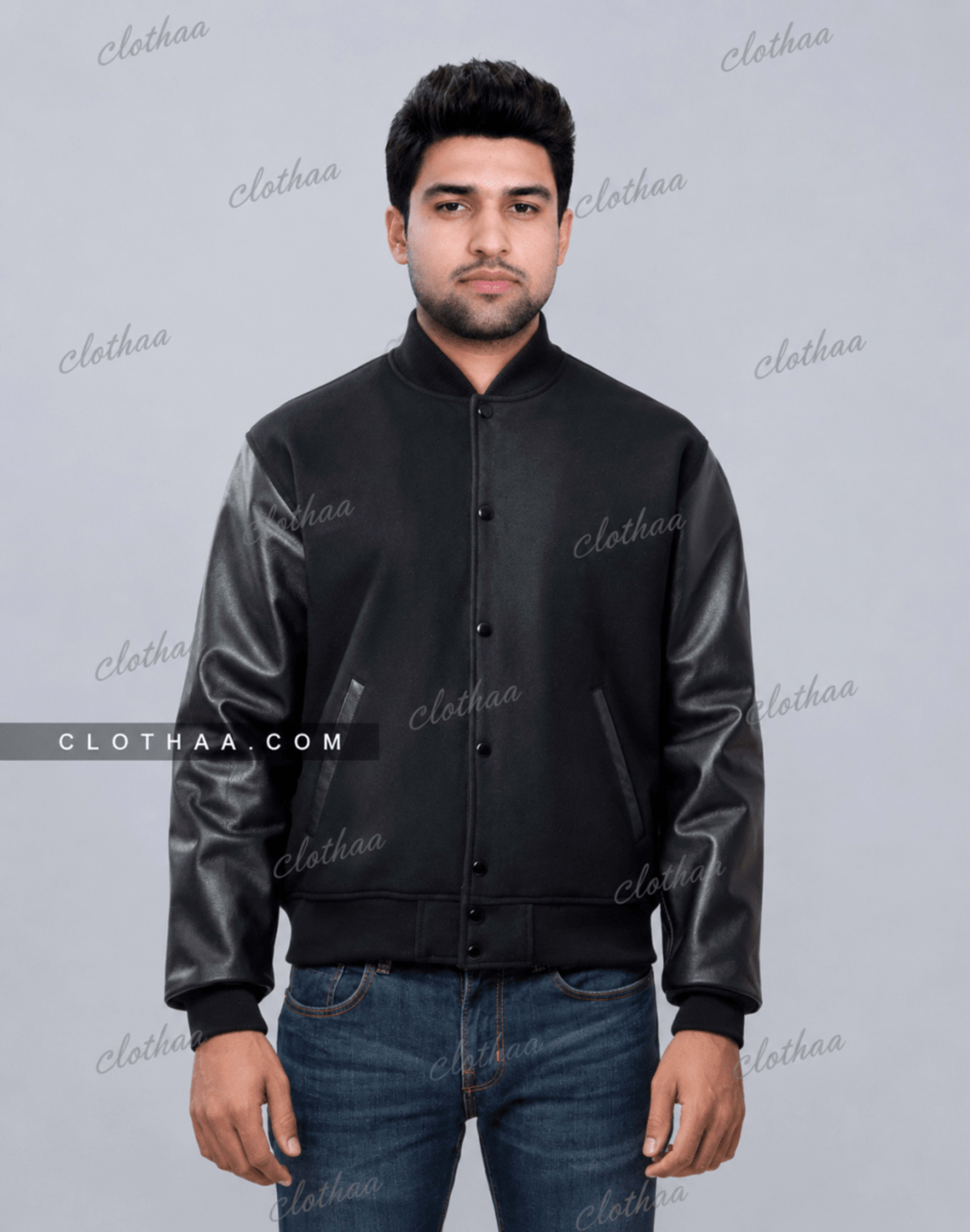 Black Wool and Black Leather Sleeves Letterman Jacket