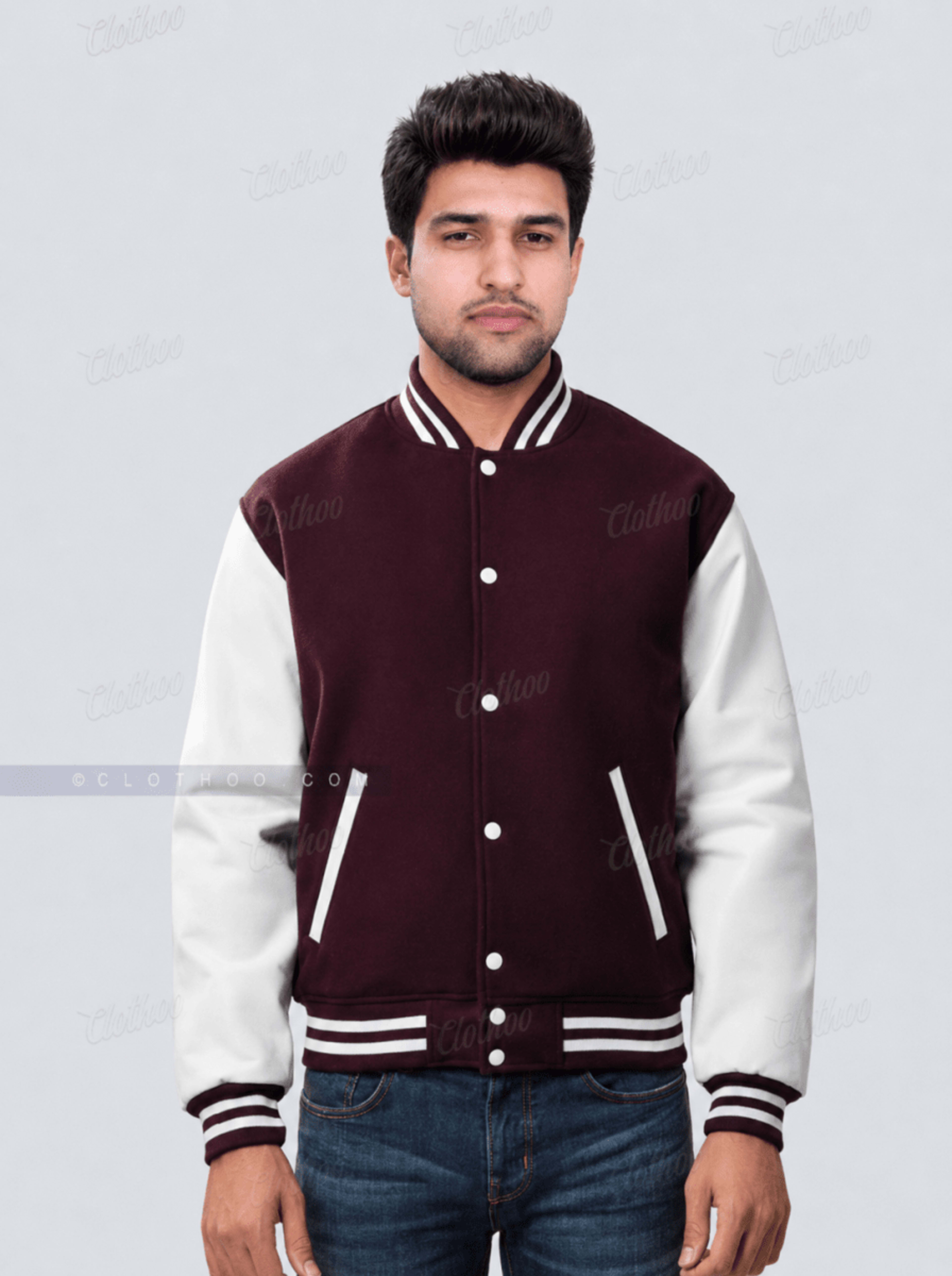 Maroon Wool and White Leather Sleeves Letterman Jacket