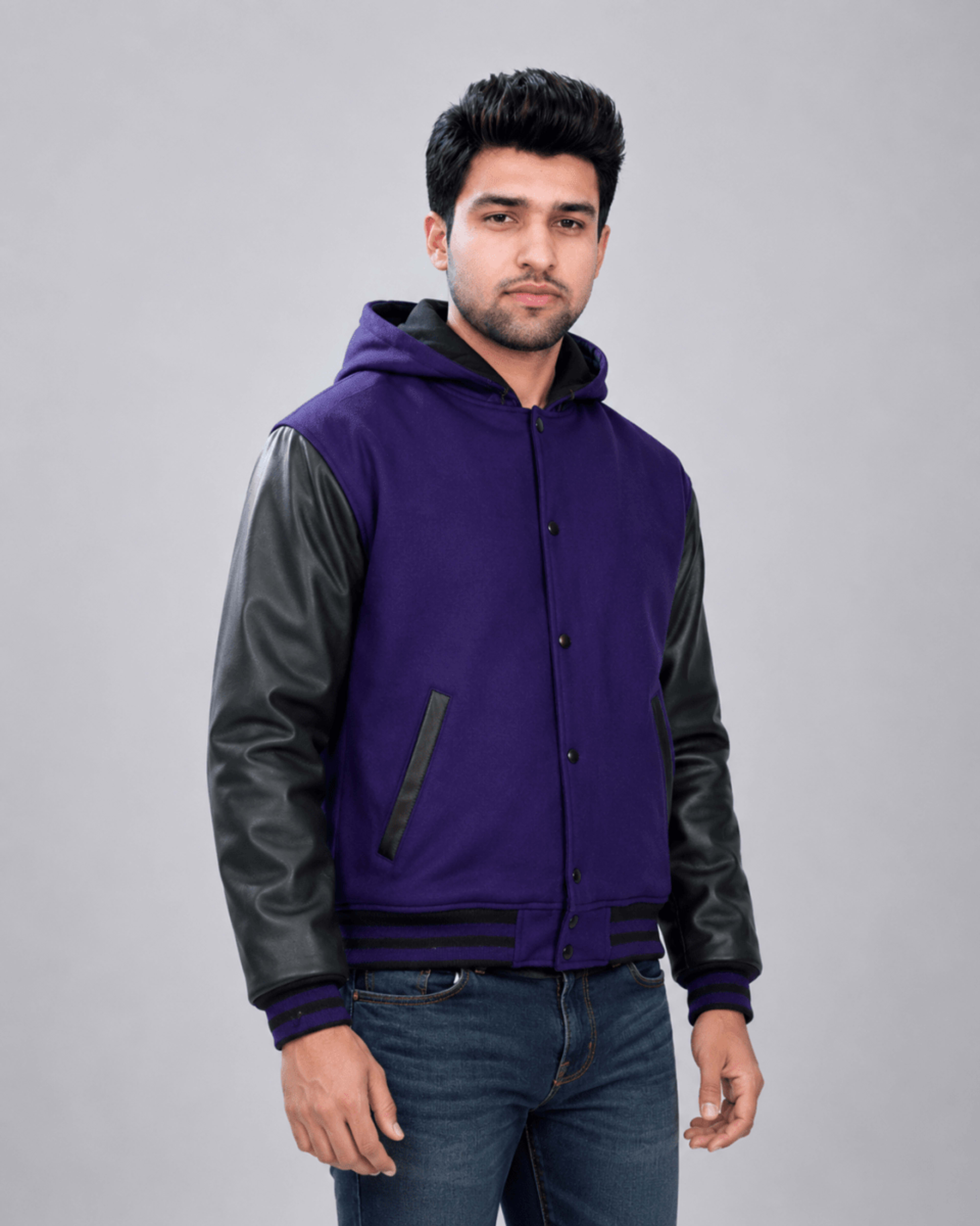 Dark Purple Wool and Black Leather Sleeves Varsity Hoodie