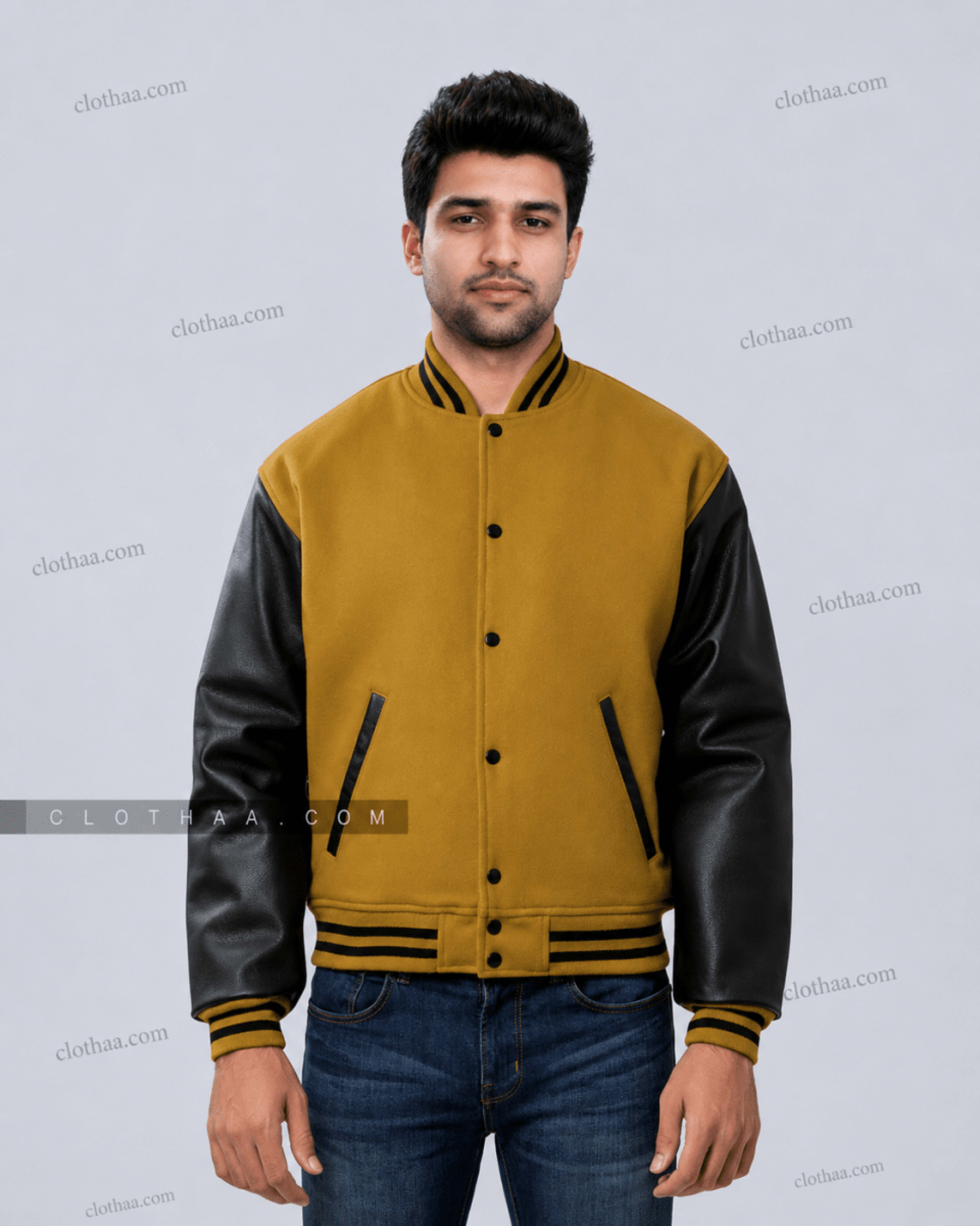Old Gold Wool and Black Leather Sleeves Letterman Jacket