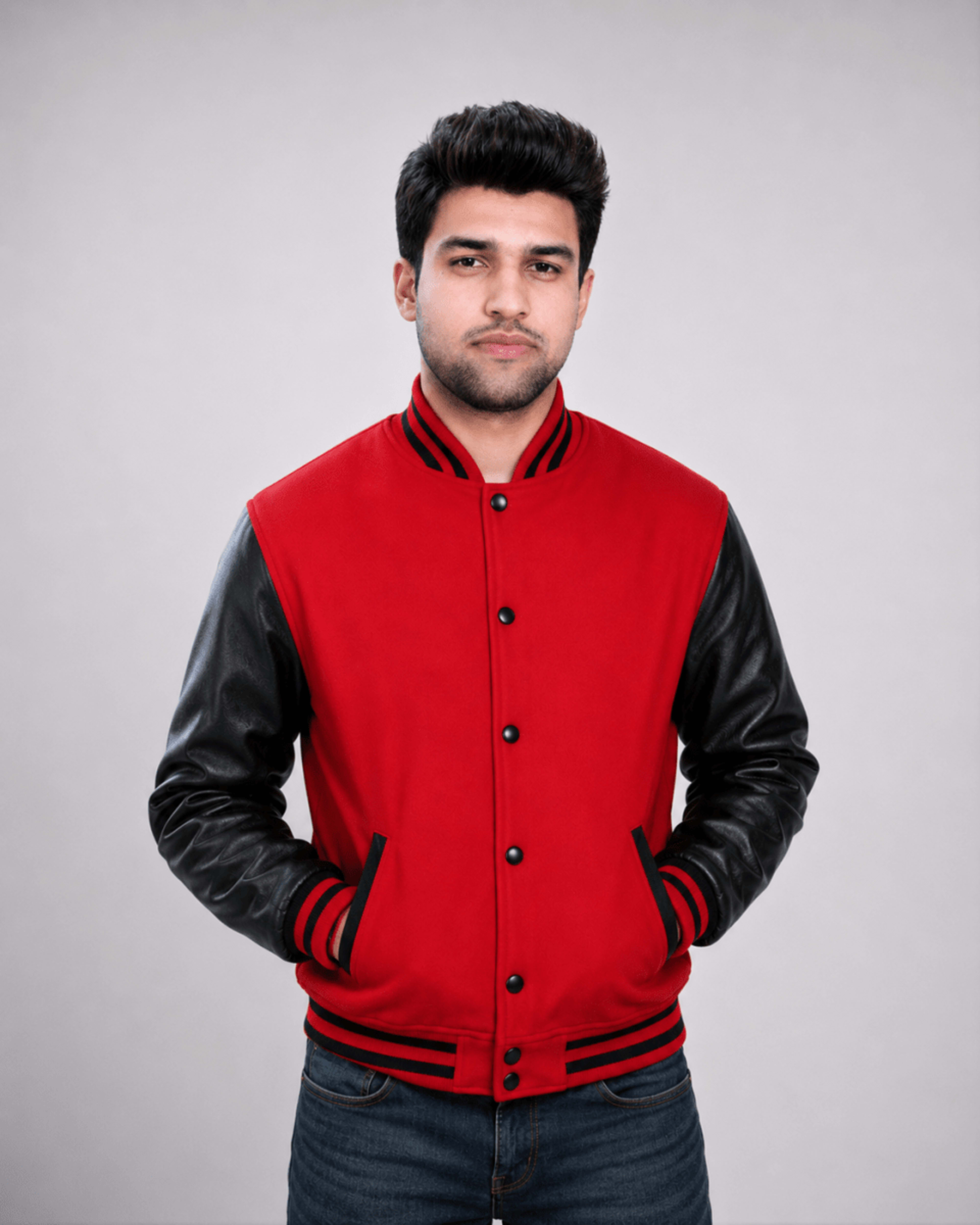 Red Wool and Black Leather Sleeves Letterman Jacket