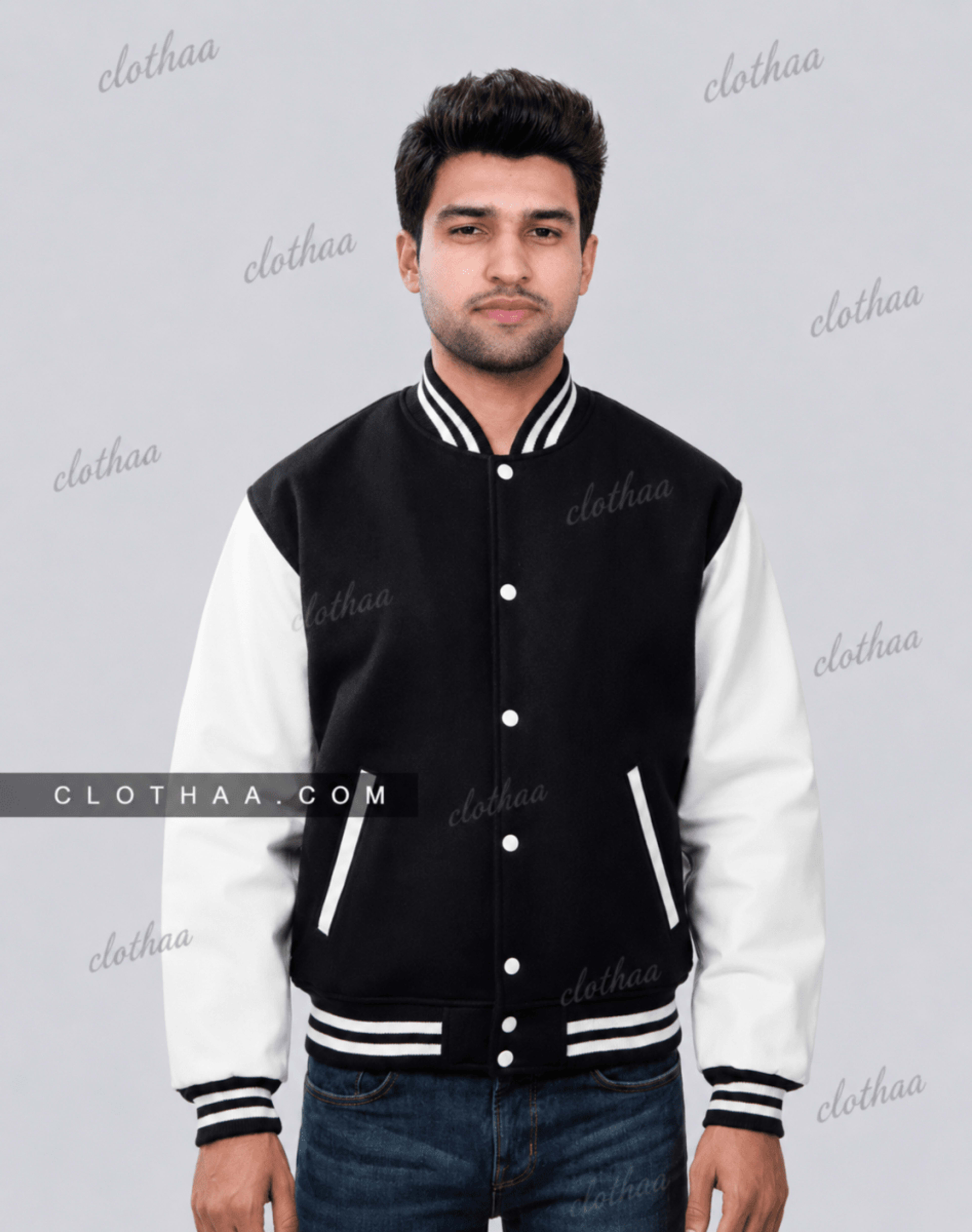 Black Wool and White Leather Sleeves Letterman Jacket