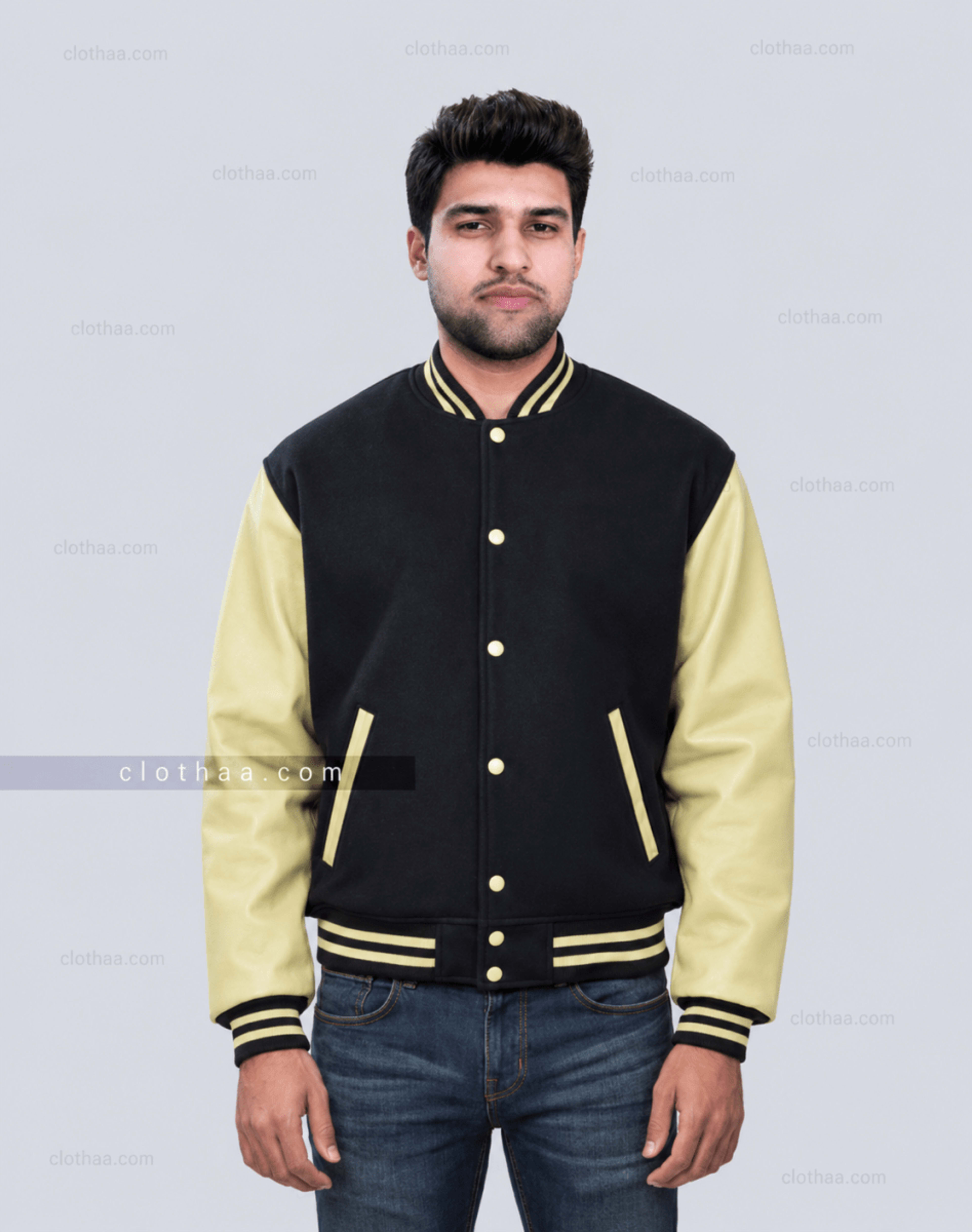 Black Wool and Cream Vegan Leather Jacket