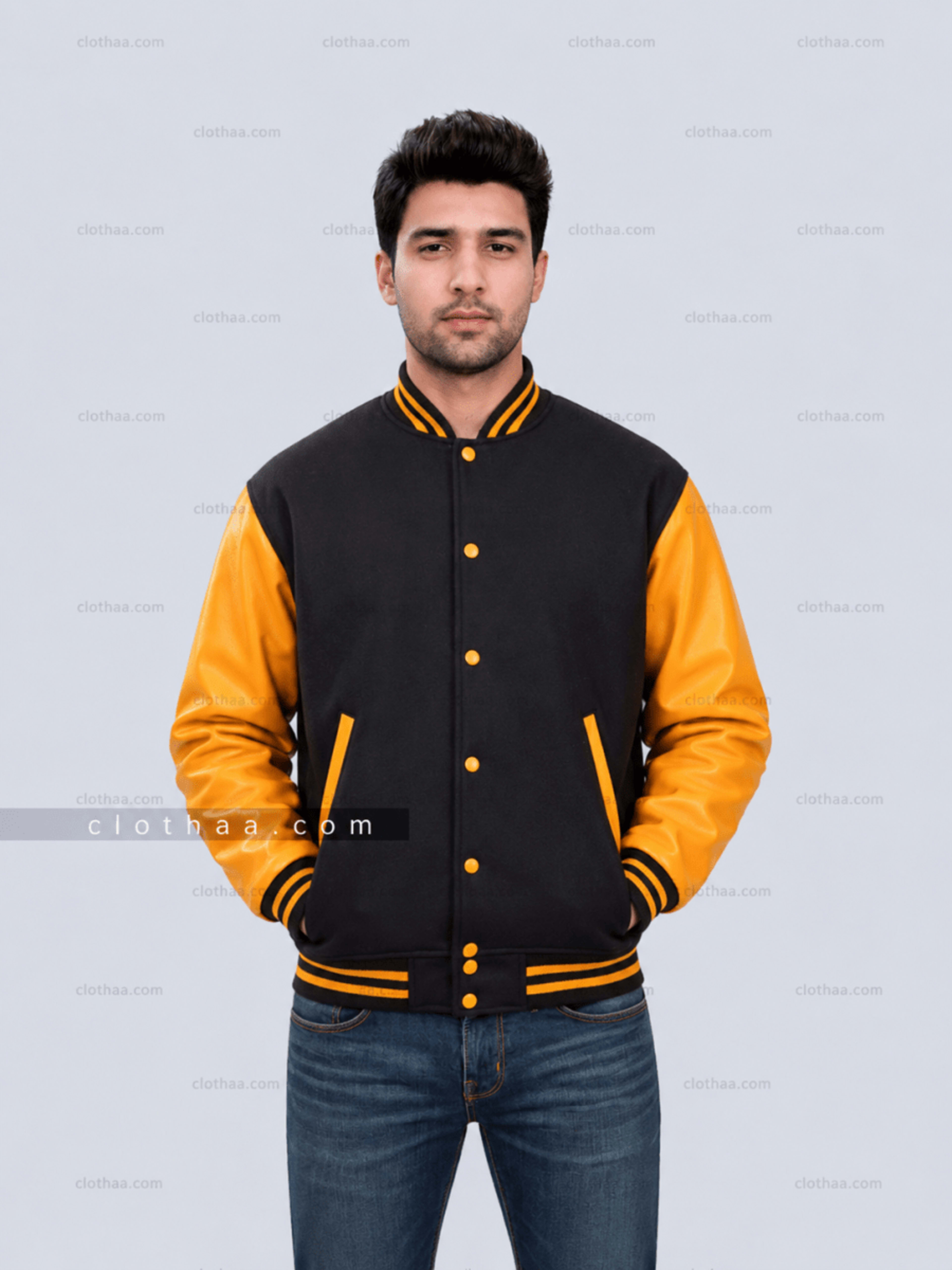 Black Wool and Gold Leather Sleeves Letterman Jacket