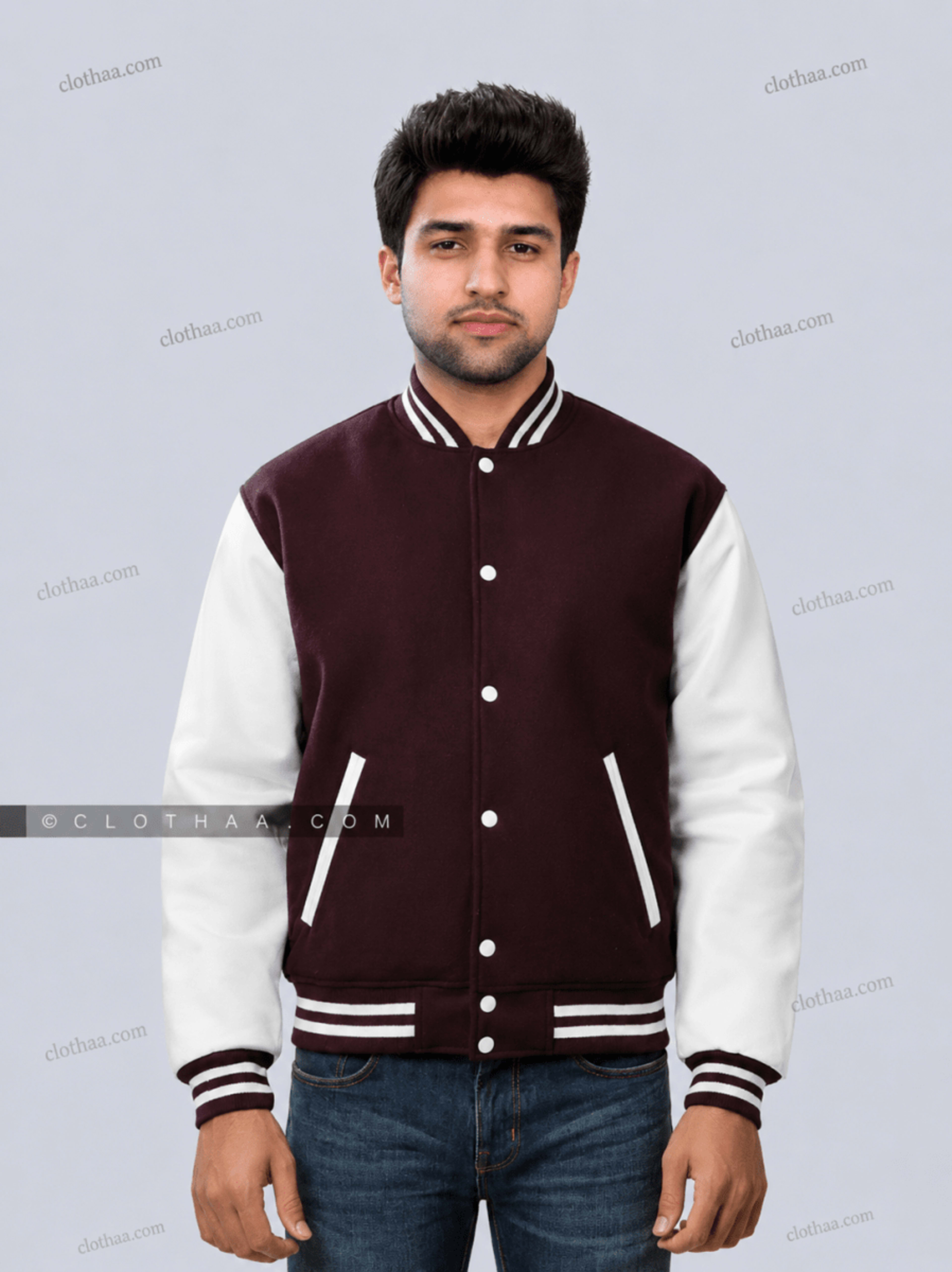Maroon Wool and White Leather Sleeves Letterman Jacket