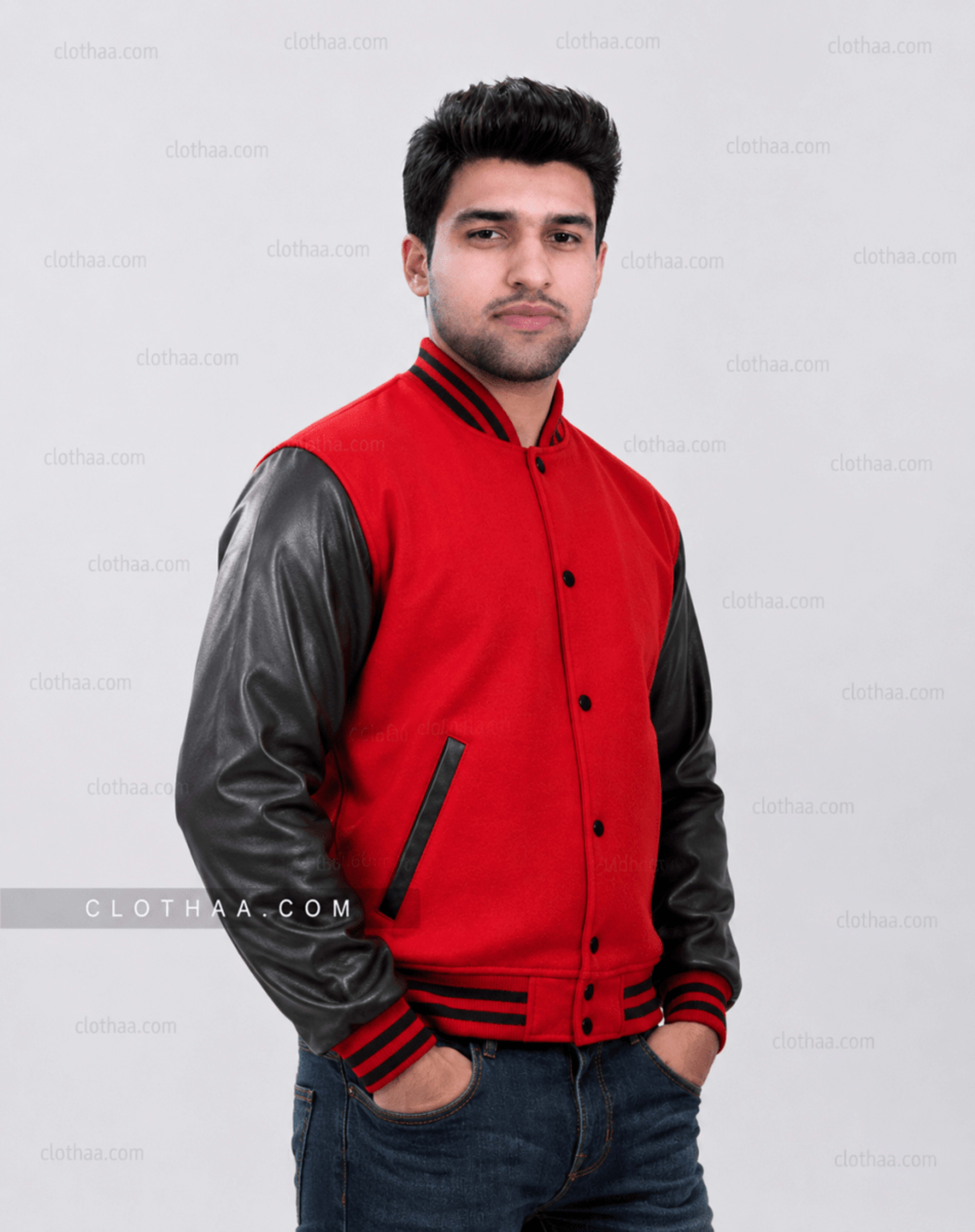 Red Wool and Black Faux Leather Sleeves Letterman Jacket