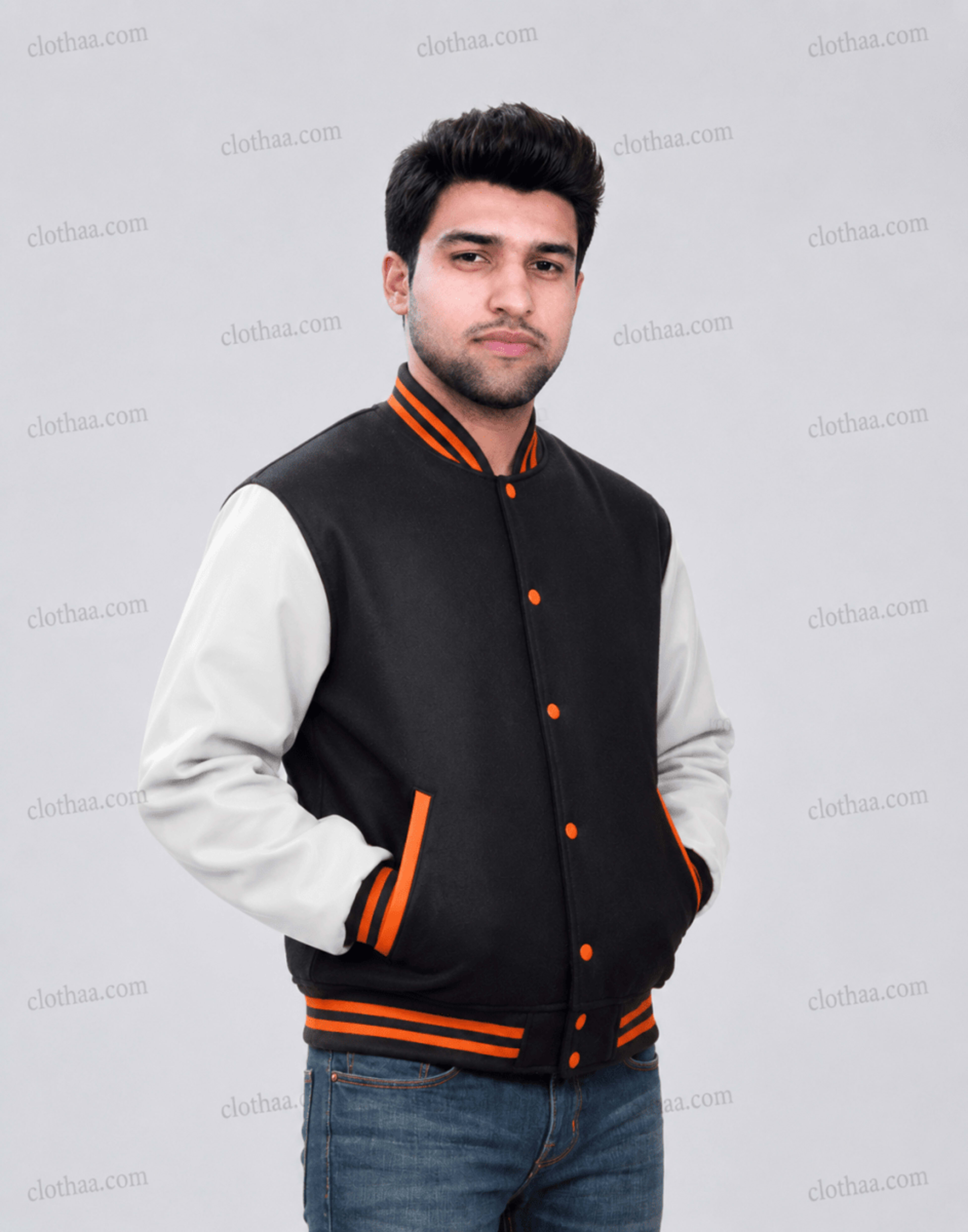 Black Wool and White Faux Leather Sleeves Varsity Jacket