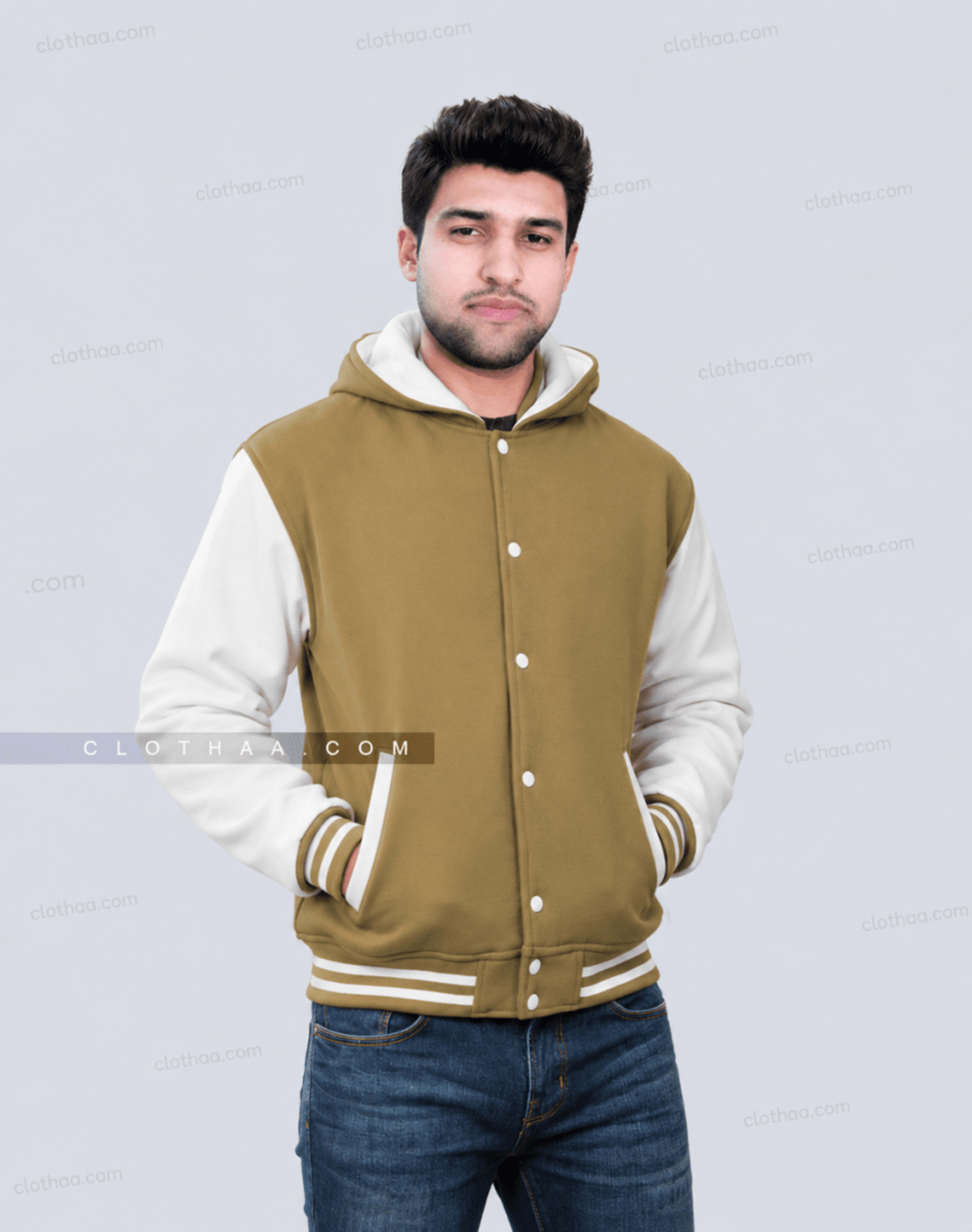 Camel Brown Wool and White Leather Sleeves Varsity Jacket with Hood