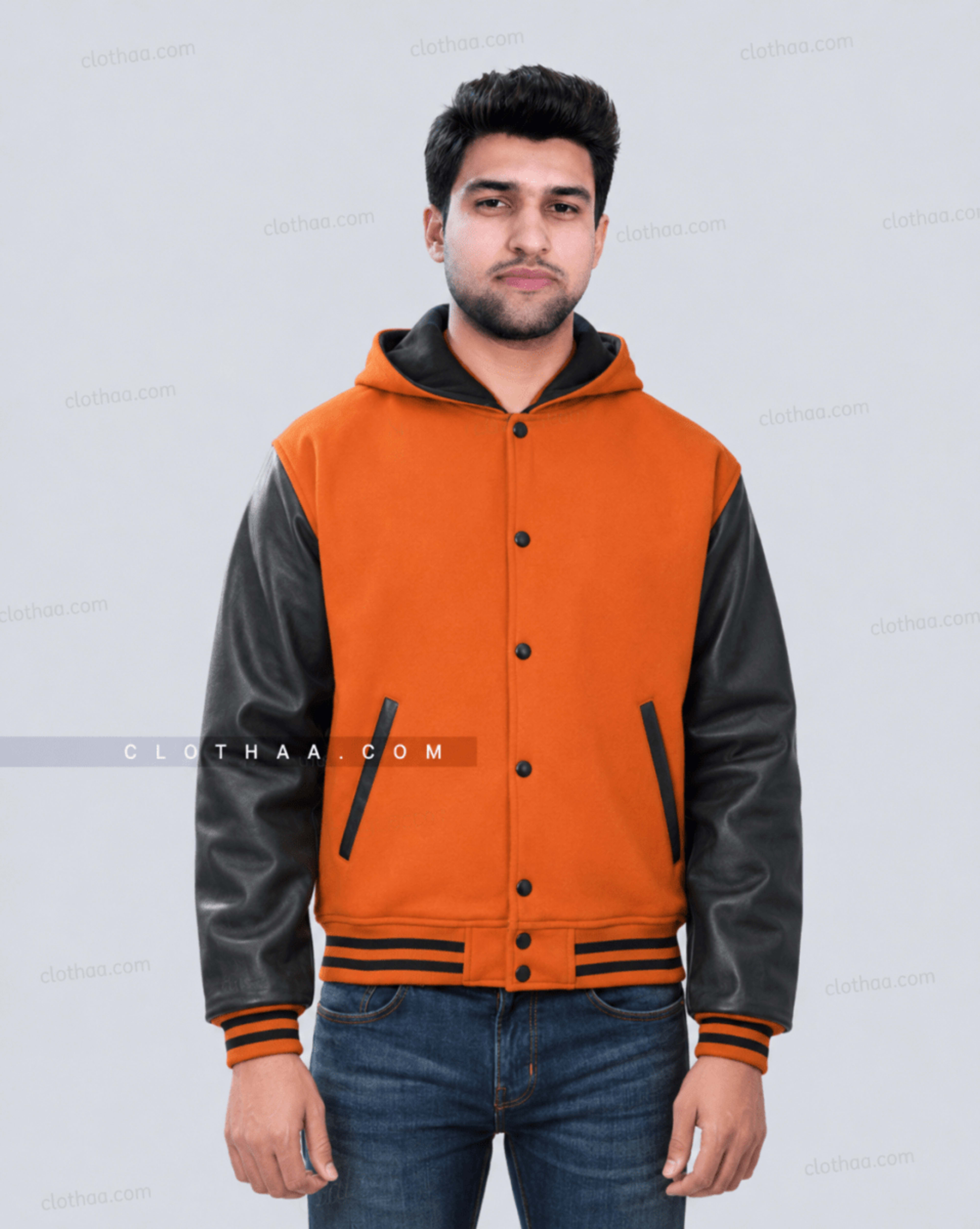 Orange Wool and Black Leather Sleeves Hooded Jacket