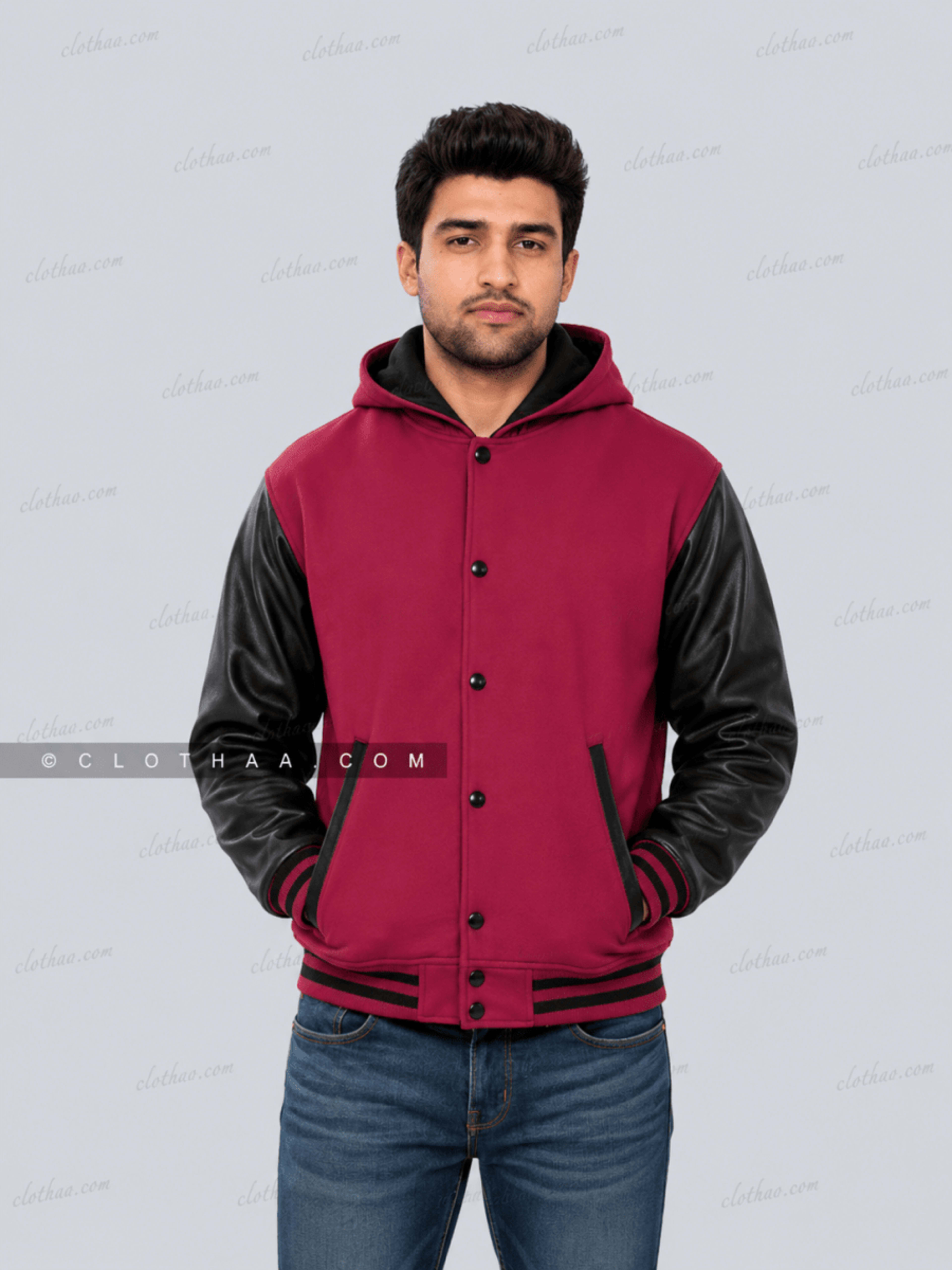Hot Pink Wool and Black Leather Sleeves Varsity Jacket with Hood