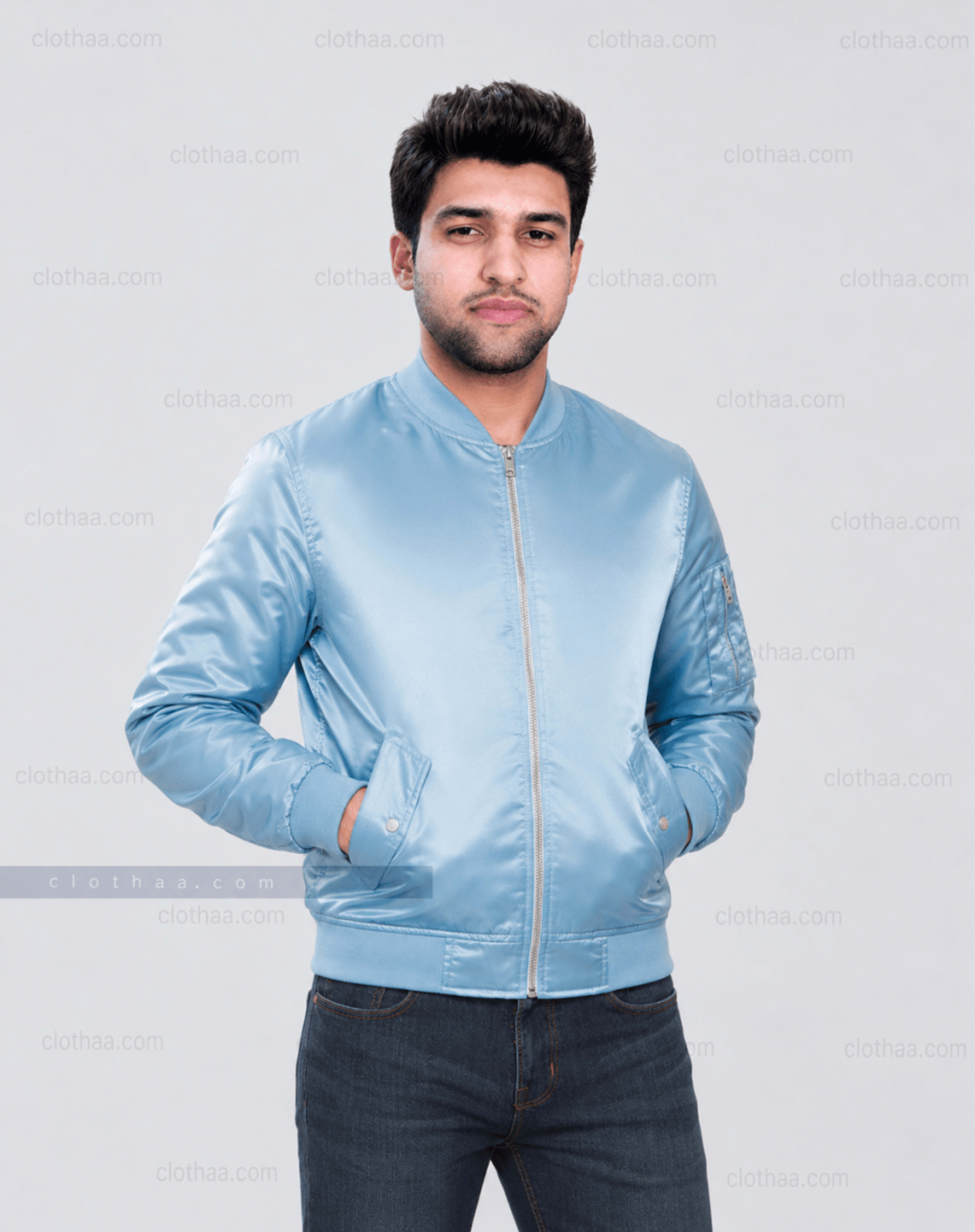 Sky Blue Satin Bomber Jacket Women