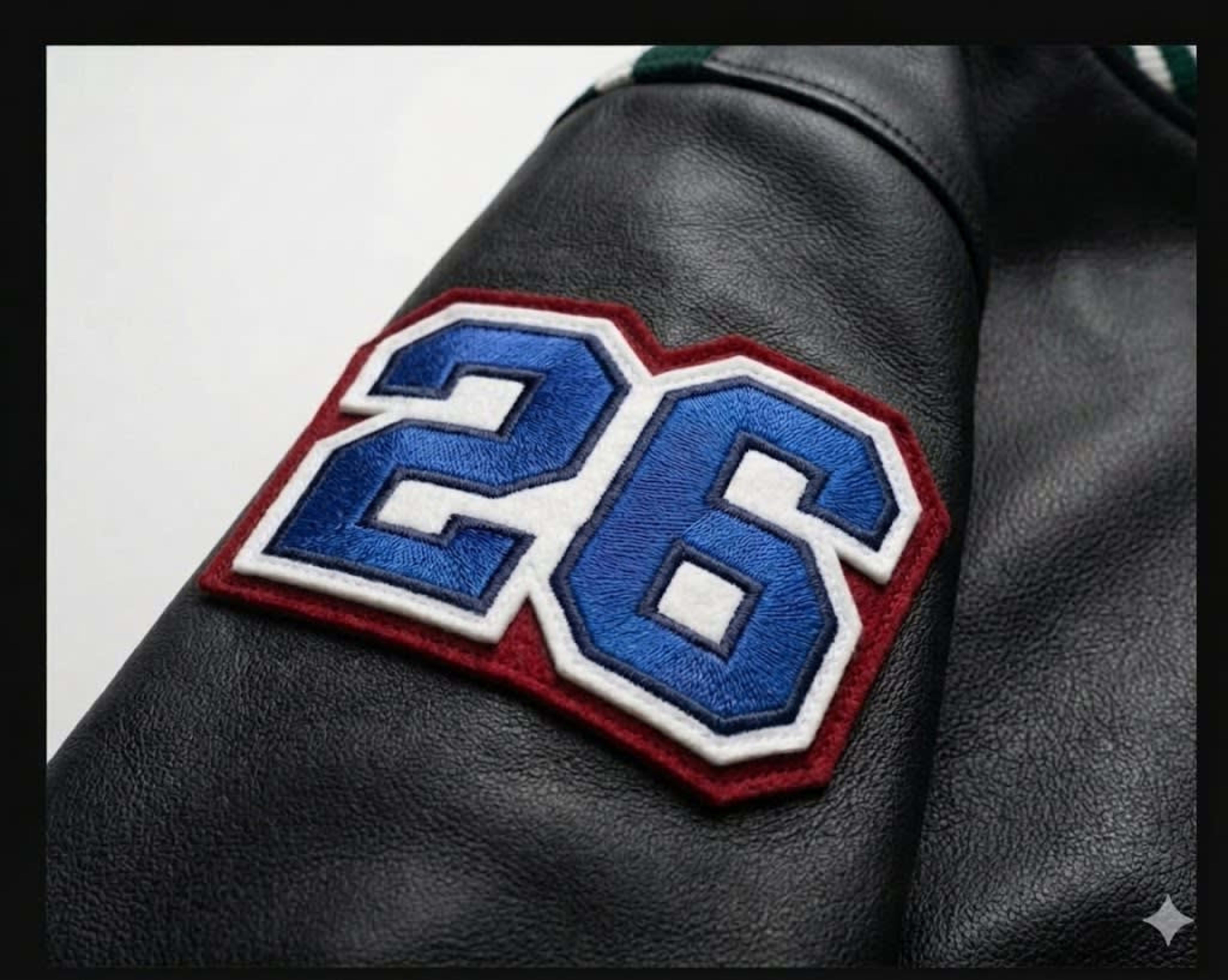 Embroidered year patch on sleeve