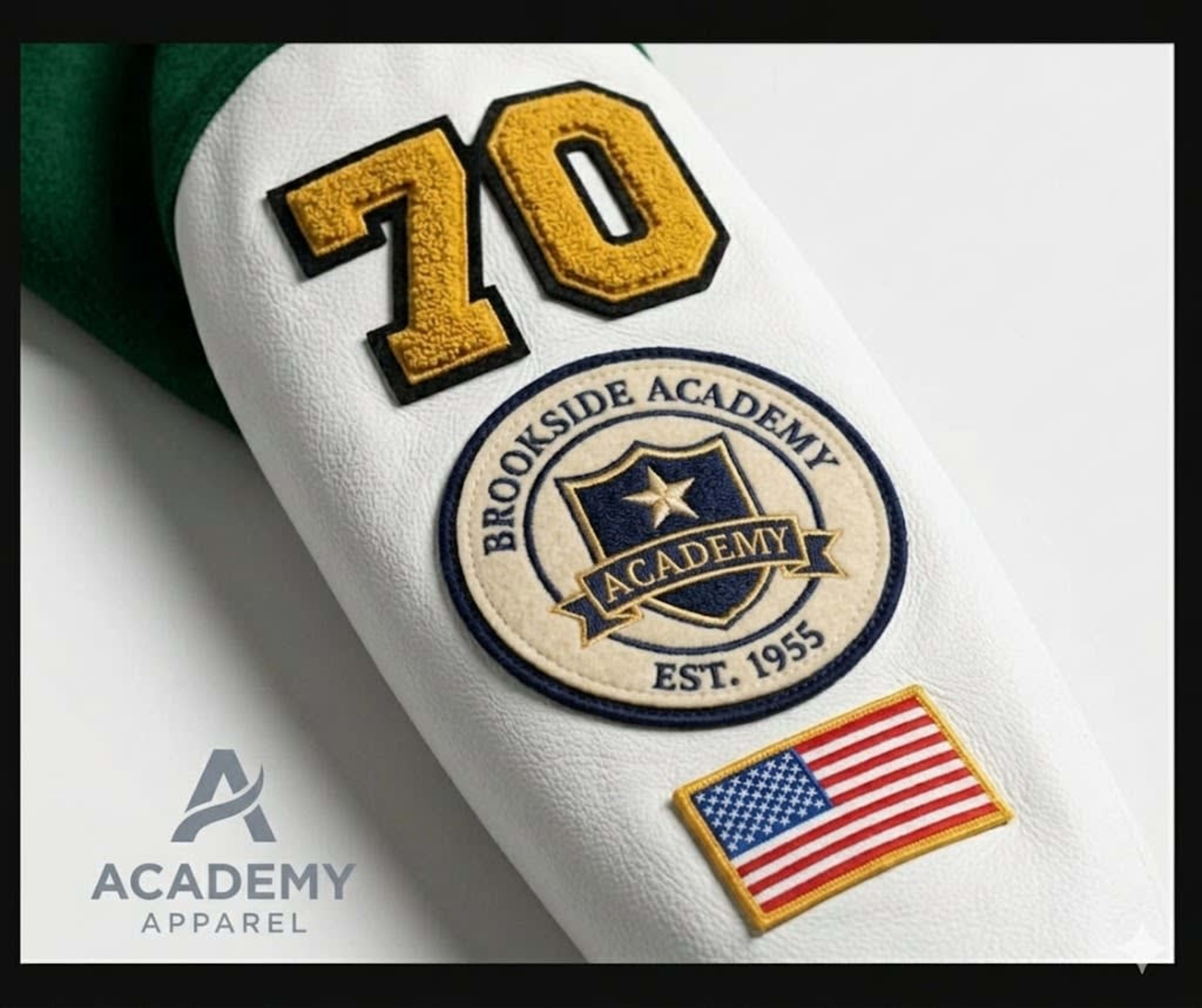 Chenille sleeve stack with year and captain patch