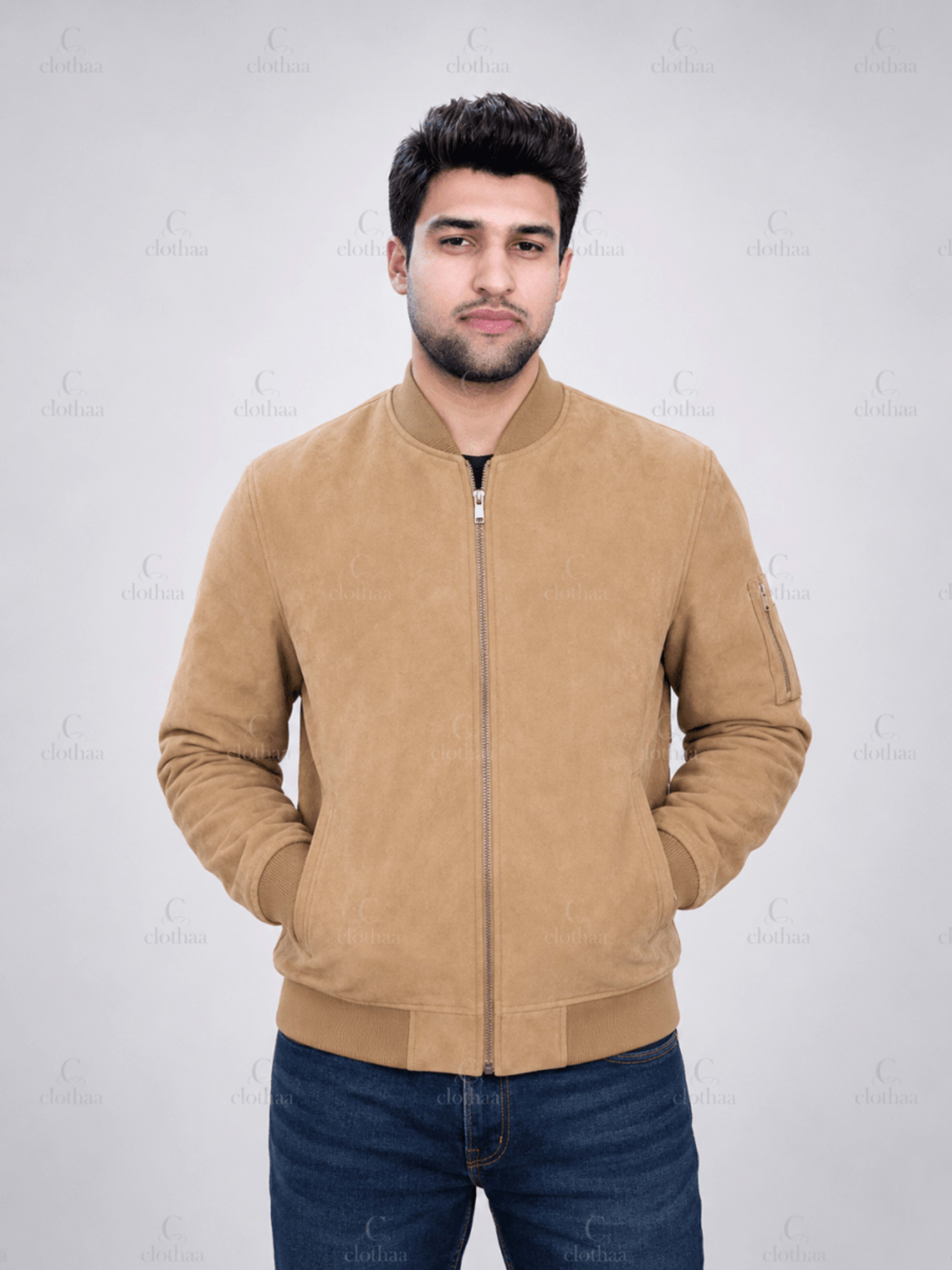 Camel Brown Suede Leather Bomber Jacket