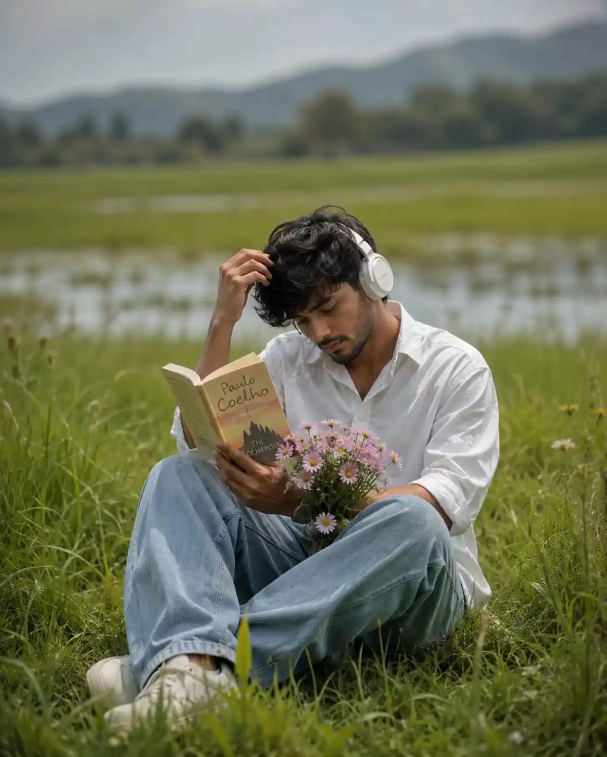 Peaceful Meadow Reading Portrait AI Prompt | Cinematic Nature Lifestyle Photography