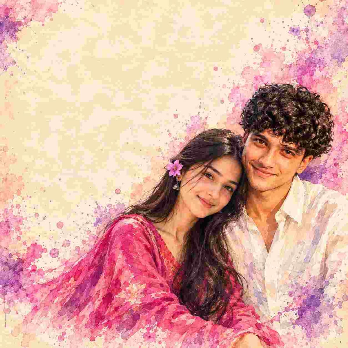 Romantic Watercolor Splash Couple Portrait