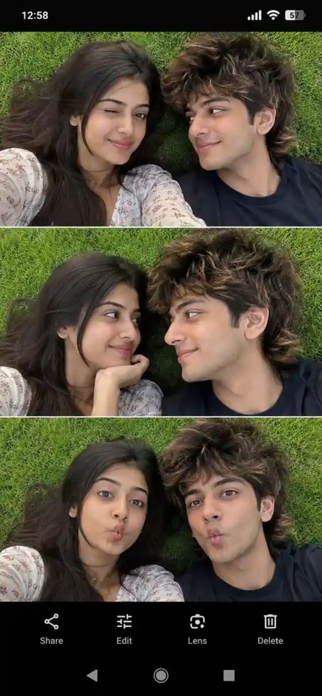 Couple's selfie collage on grass