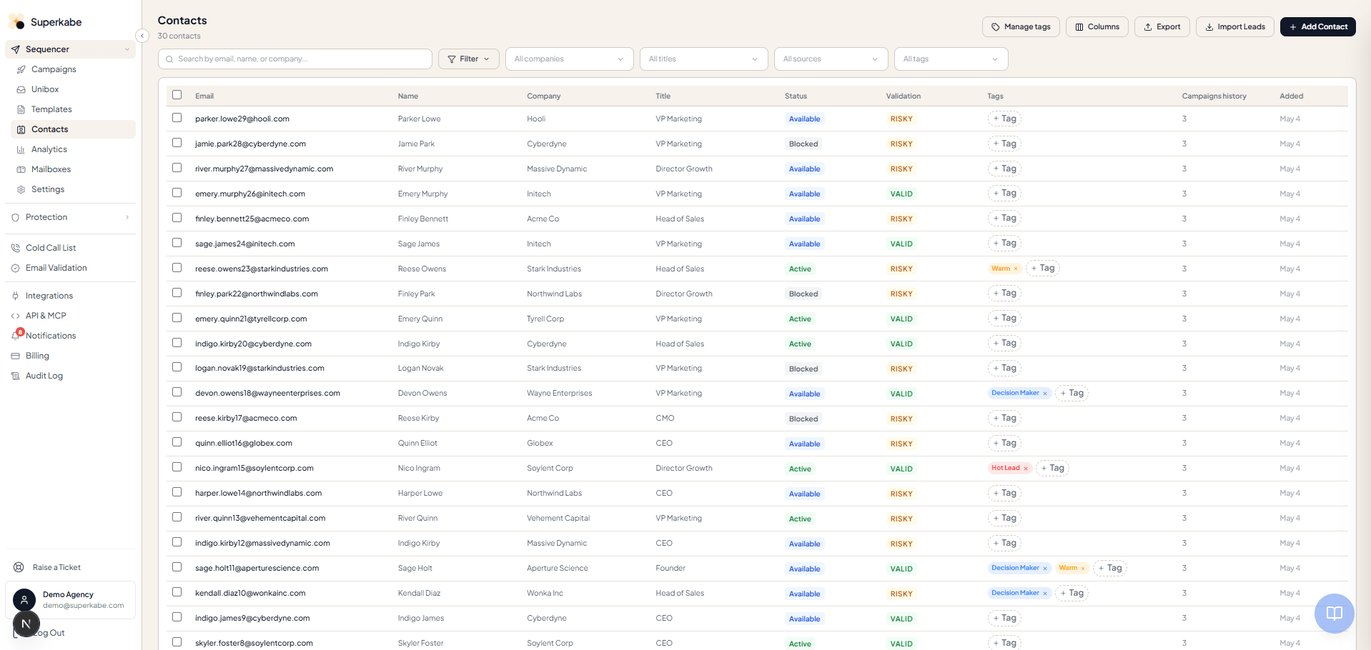 Superkabe cold email deliverability dashboard