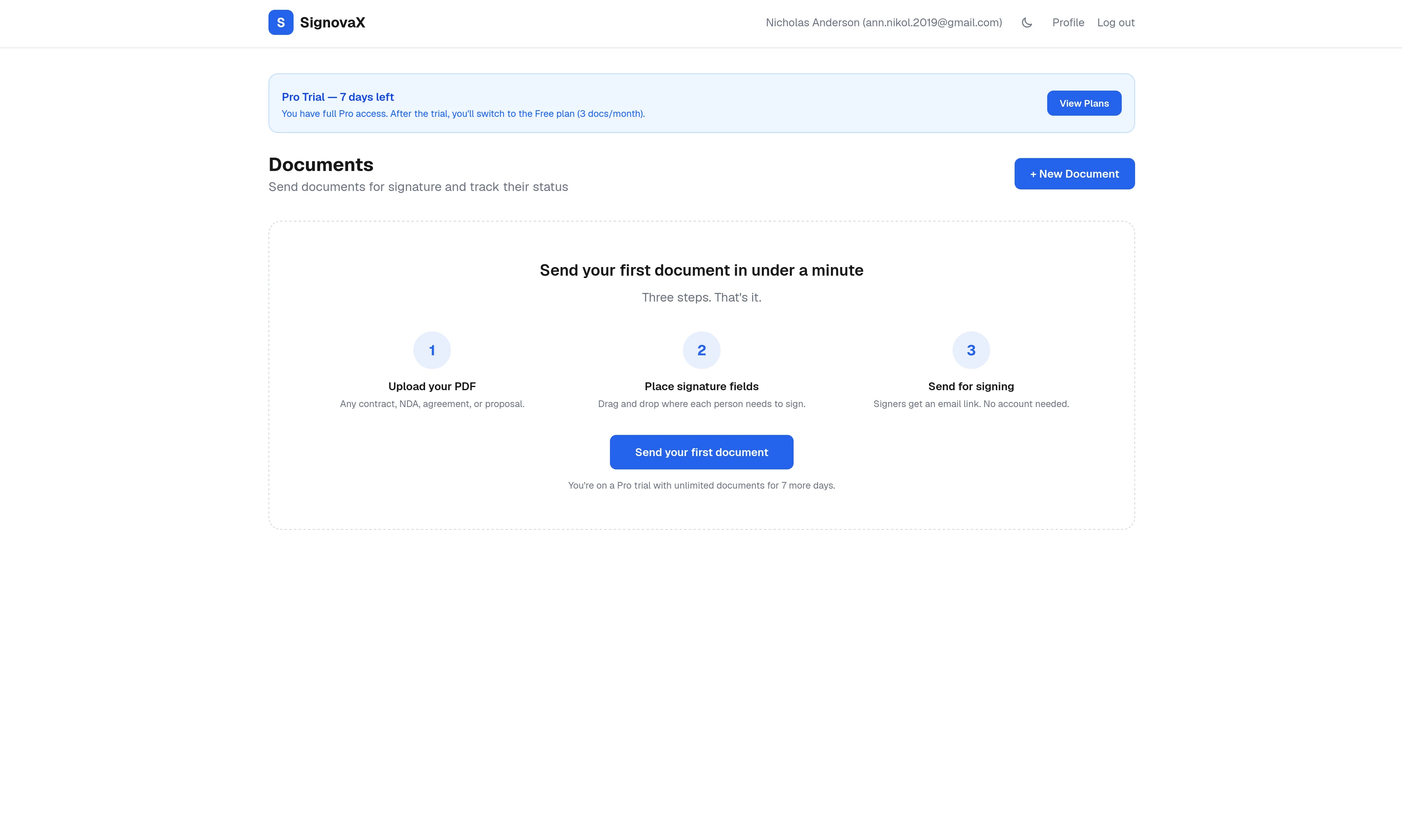 SignovaX signed document with audit trail and integrity hash