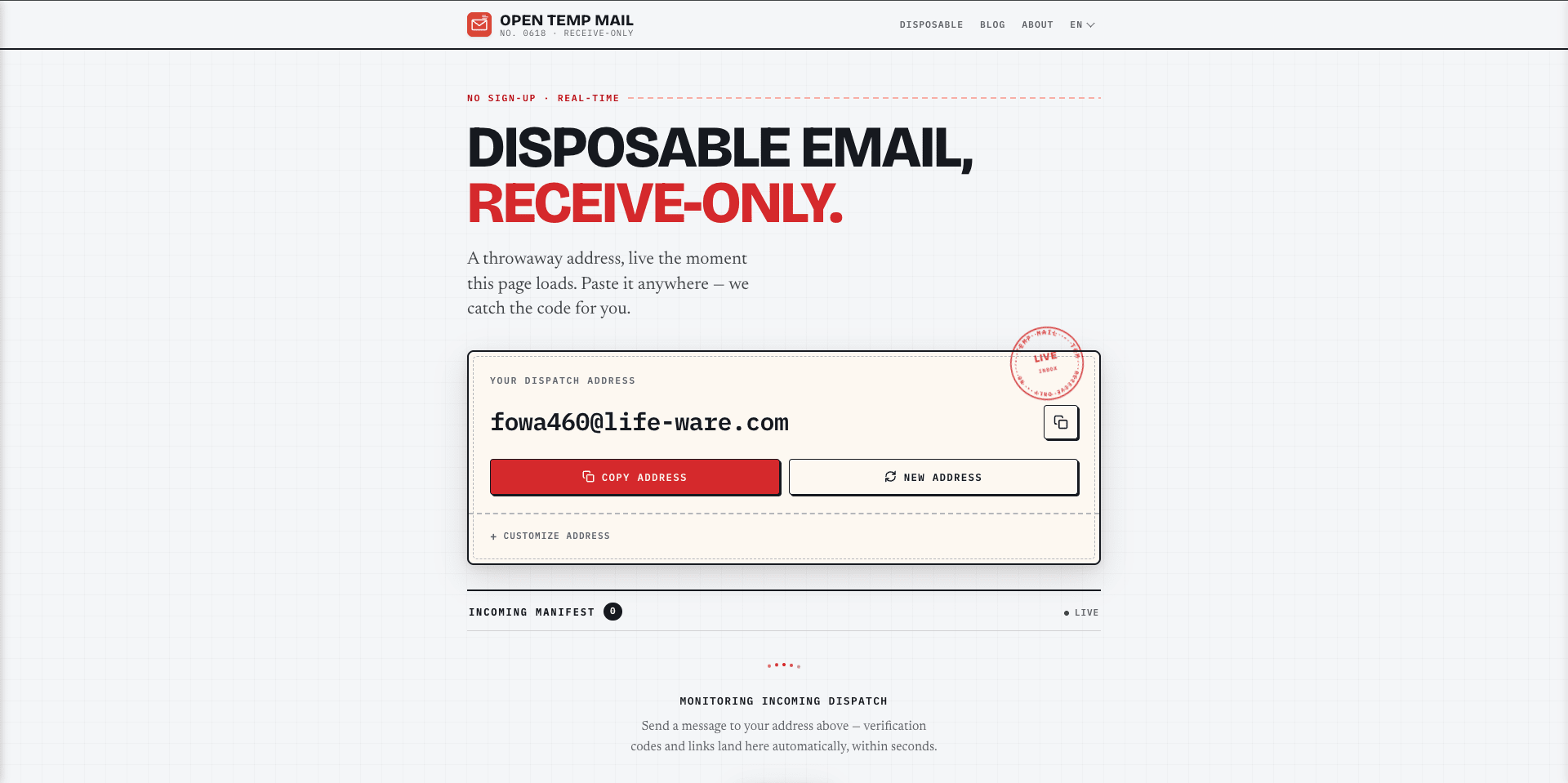 Open Temp Mail disposable email inbox