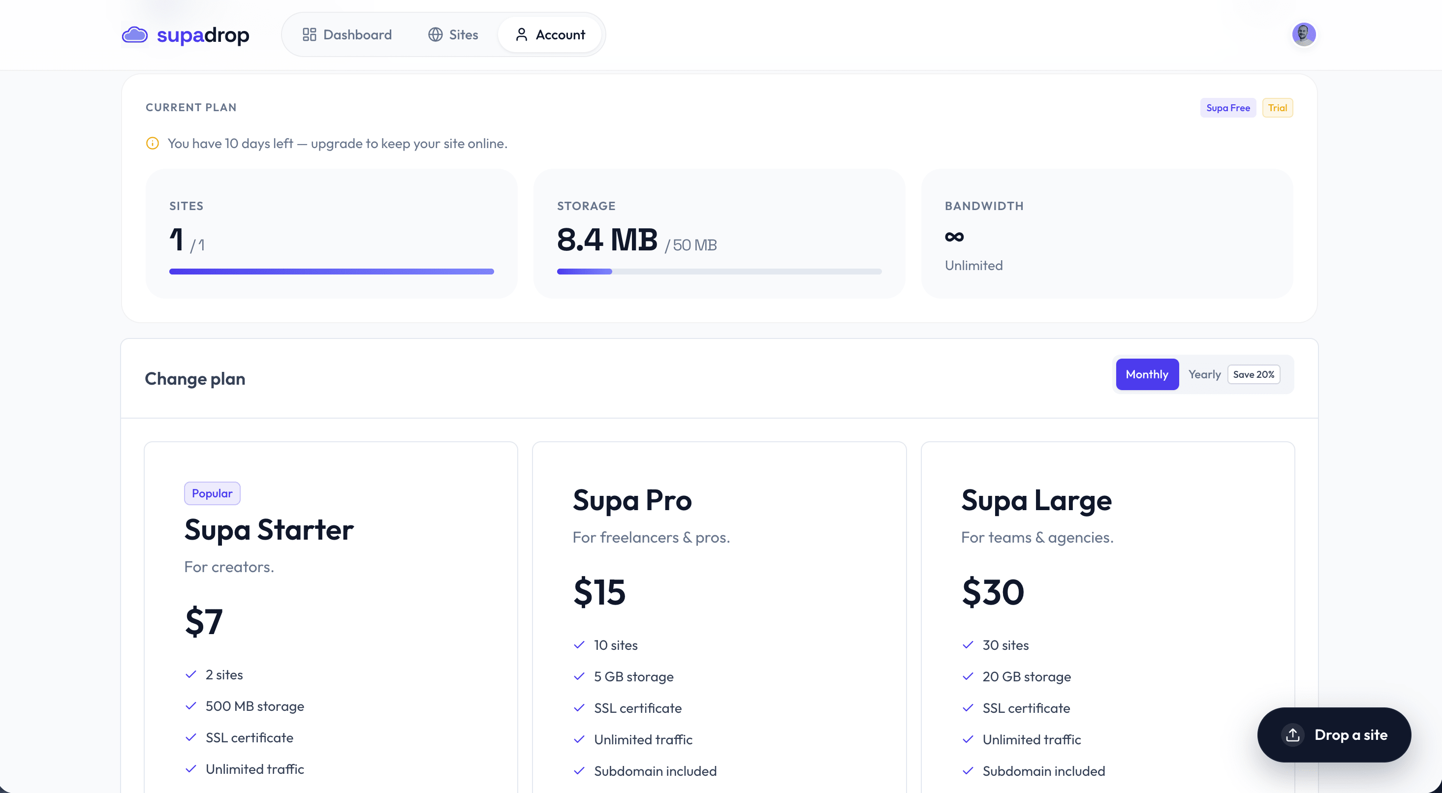 Supadrop dashboard for managing live sites