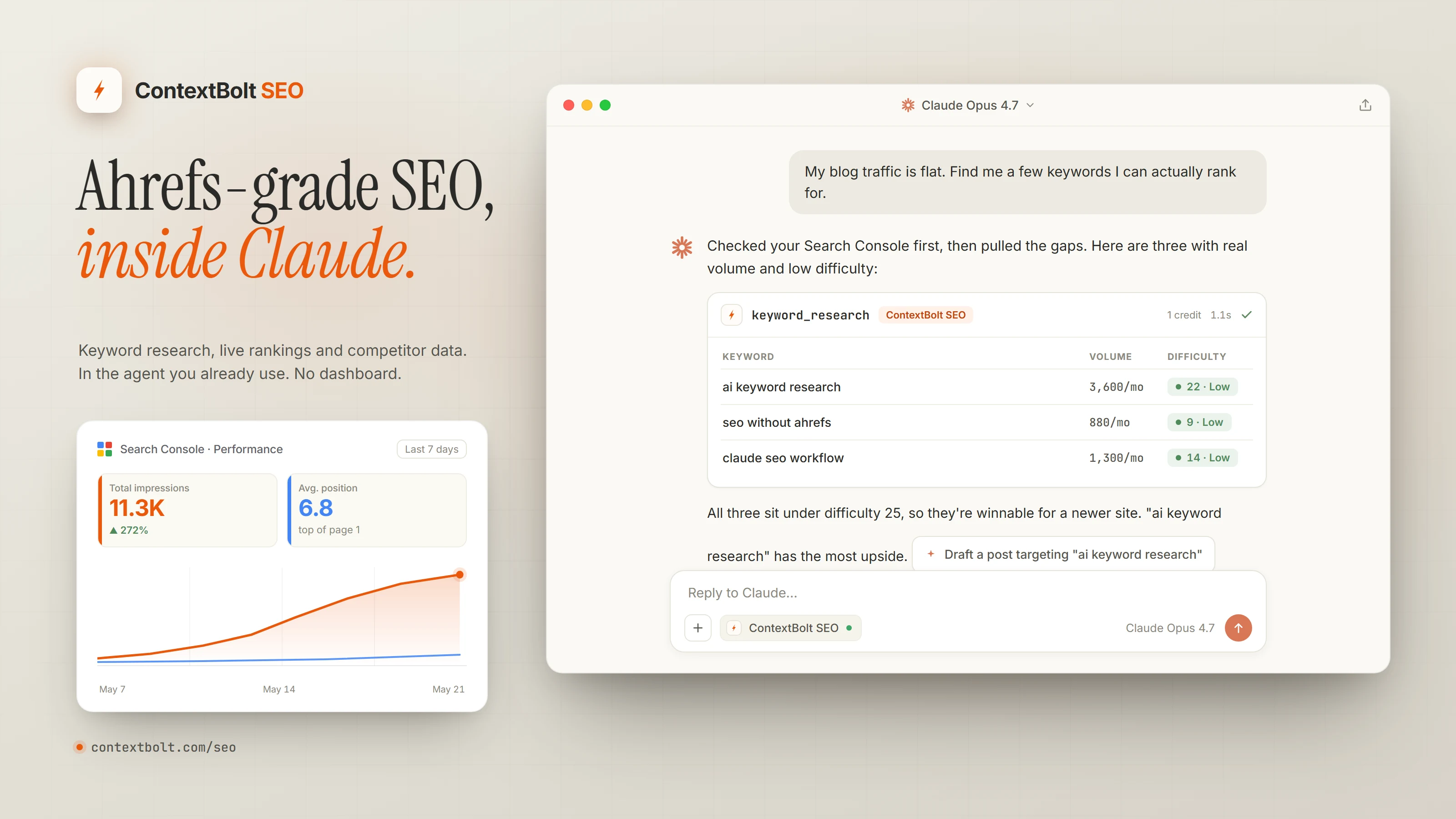 ContextBolt SEO connected to an AI coding agent