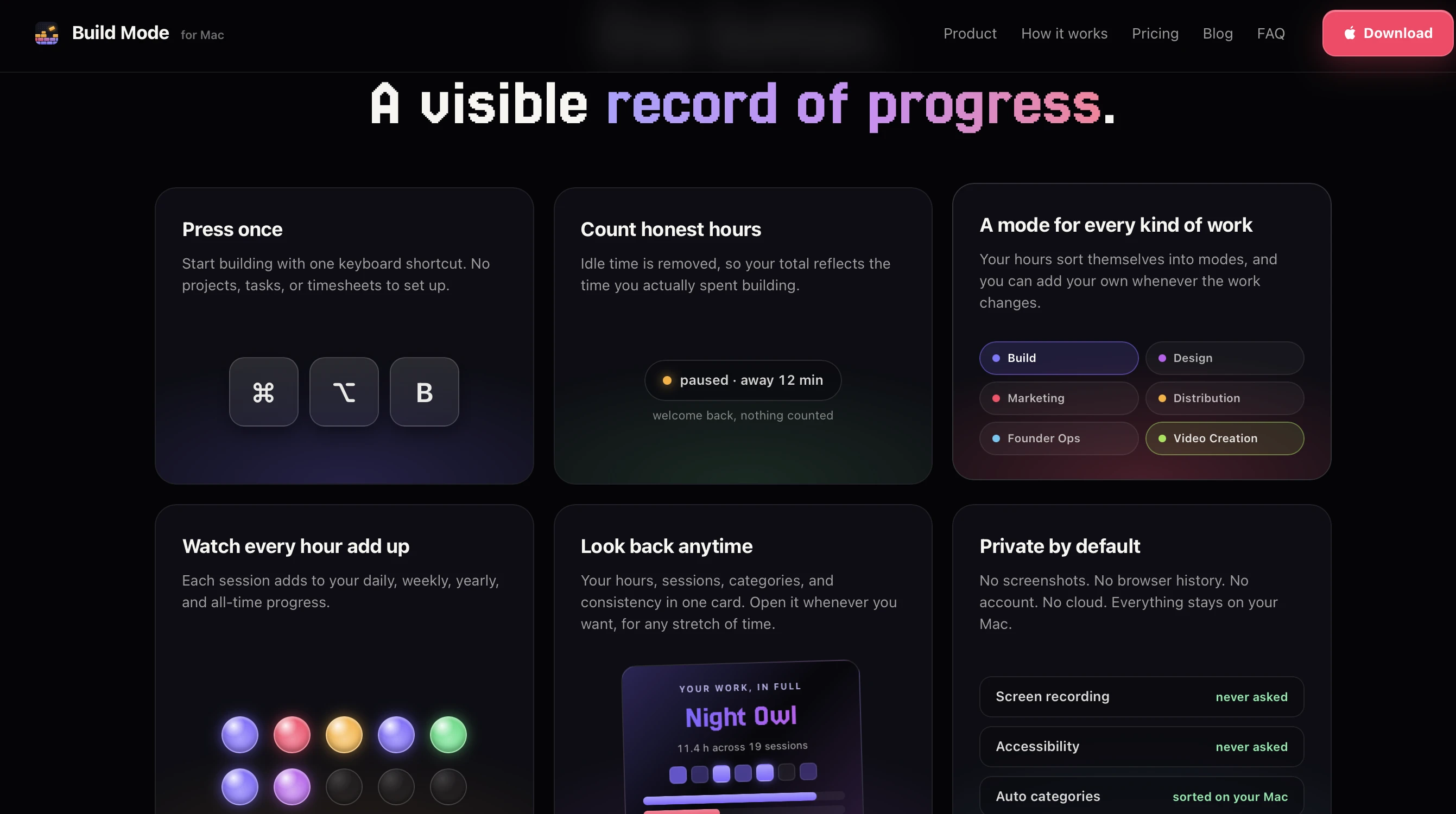 Build Mode categories and long-term progress