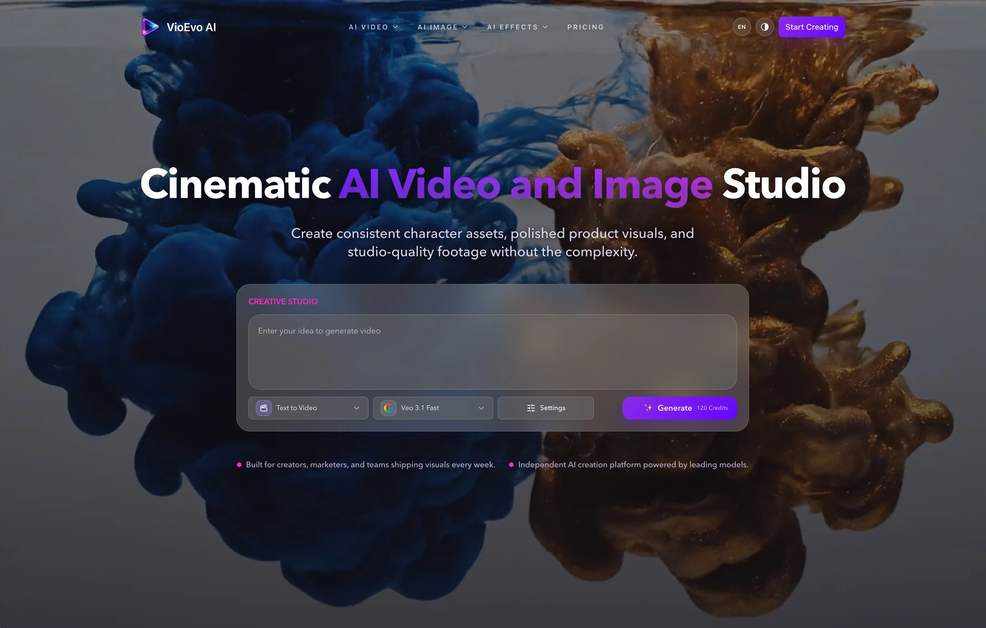 VioEvo AI creative workspace for image and video generation