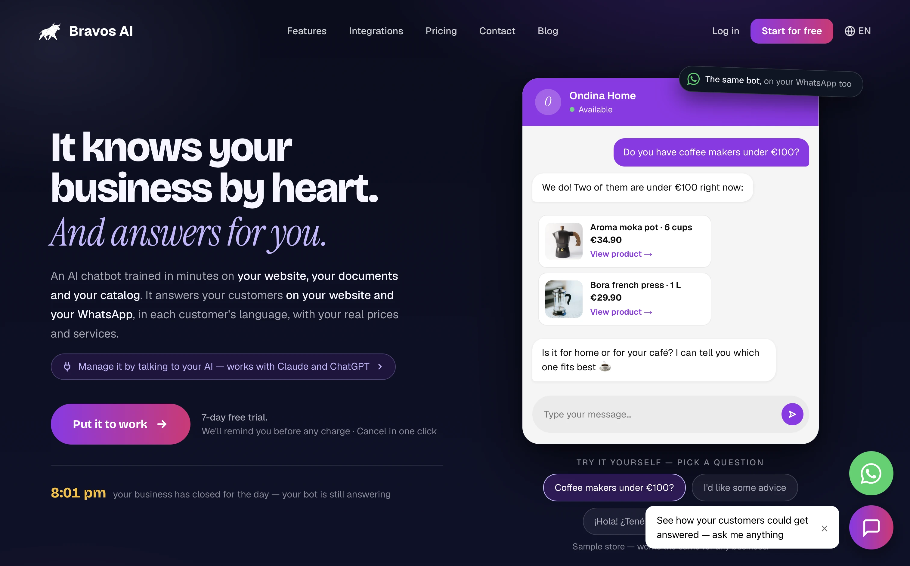 Bravos AI chatbot dashboard