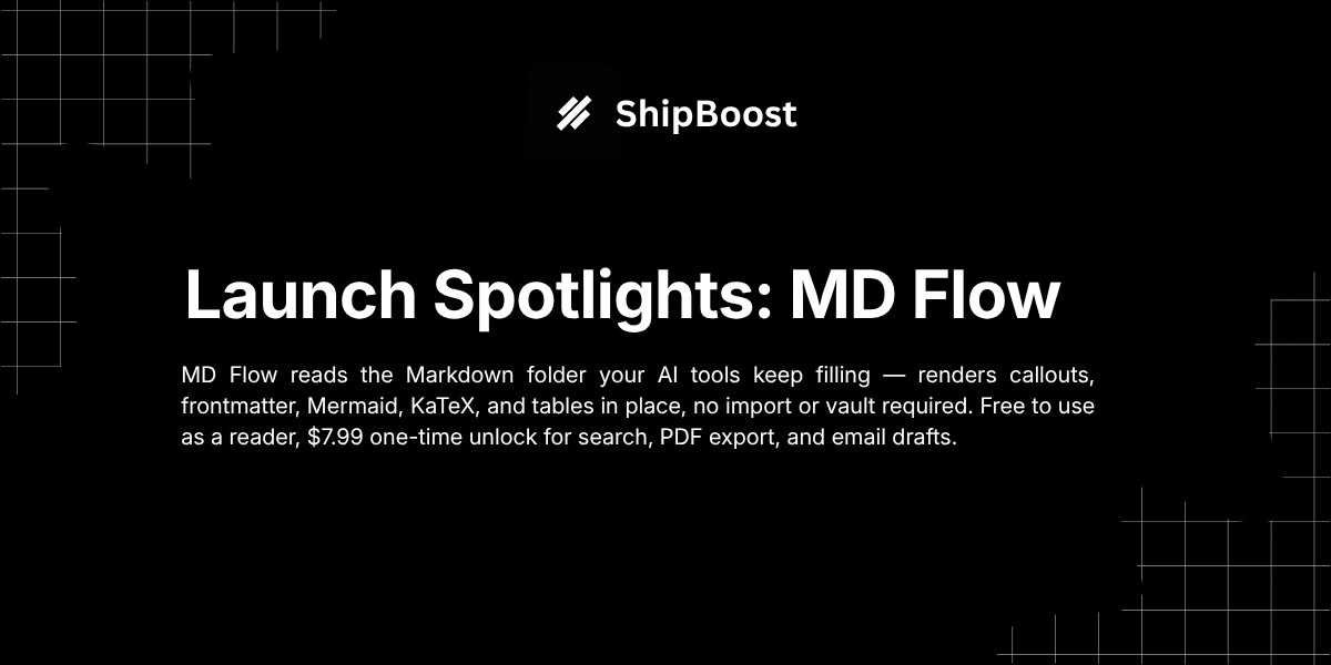 MD Flow Markdown reader — Launch Spotlight cover