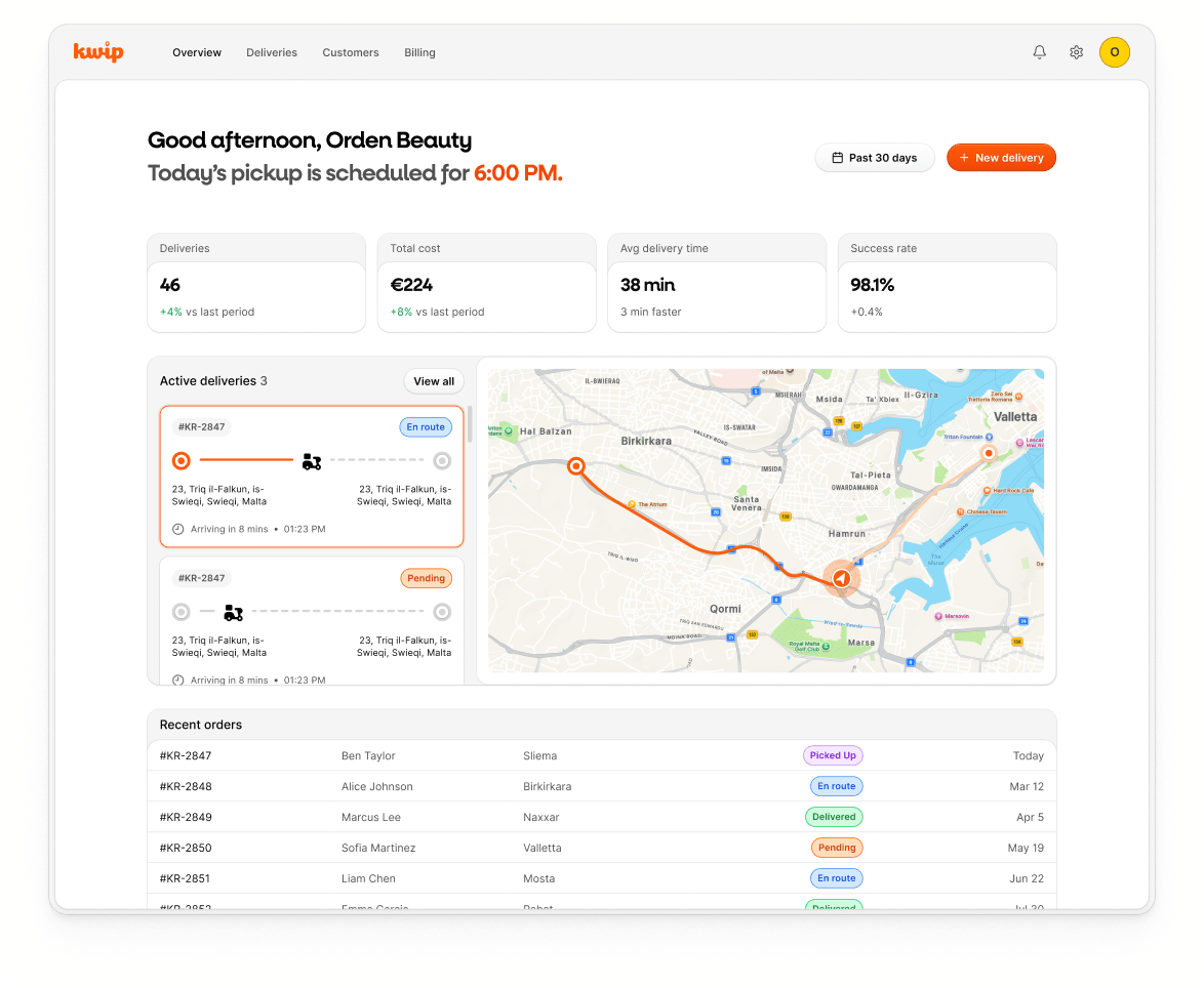 Kwip courier delivery for Malta online shops